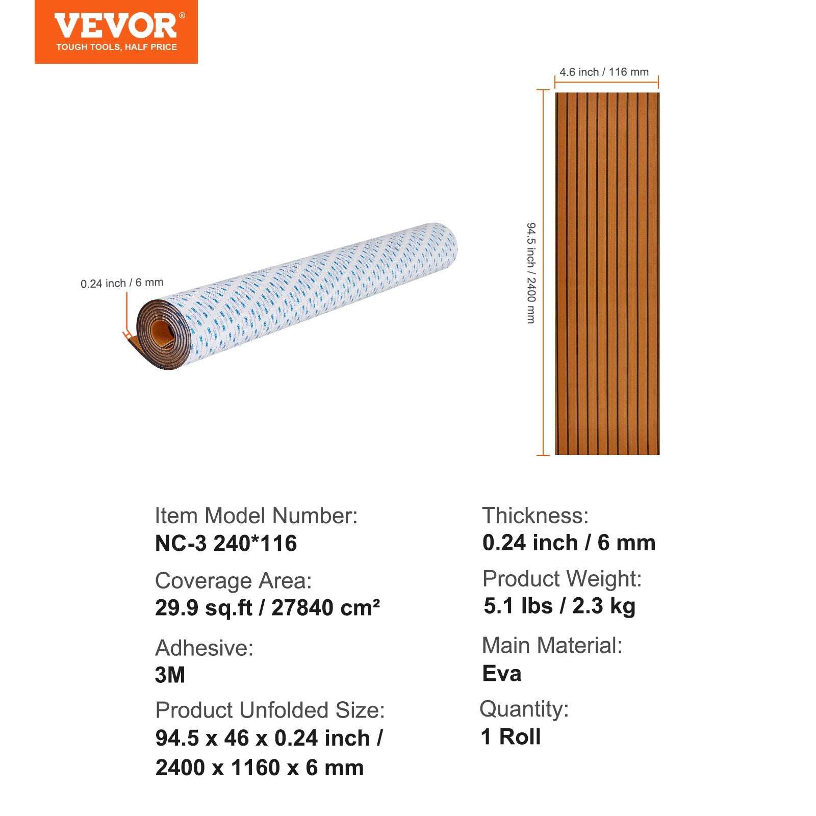 Boating Accessories: VEVOR Boat Flooring, EVA Foam Boat Decking 94.5" x 46", Non-Slip Self-Adhesive Flooring, 29.9 sq.ft Marine Carpet for Boats, Yacht, Pontoon, Kayak Decking
