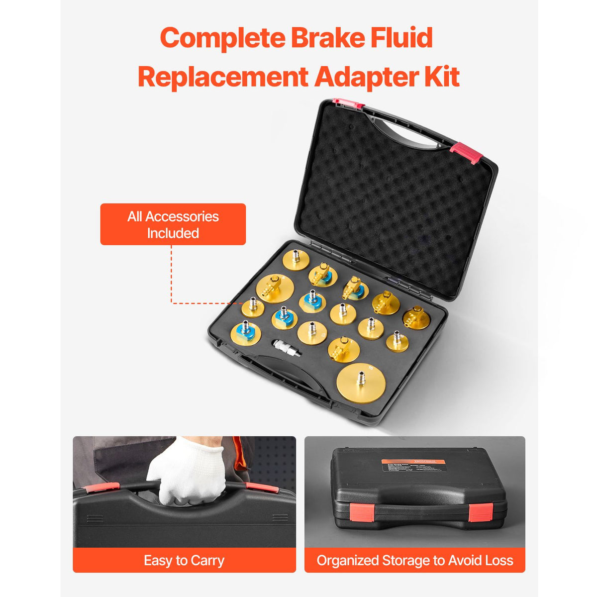 Brake Master Bleeder Kit, 17 Pcs, Professional Brake Bleeder Adapter Set with Complete Kit & Handle, Durable Brake Bleeder Adapter for Brake Fluid Filling Fit for Most New & Old Vehicles