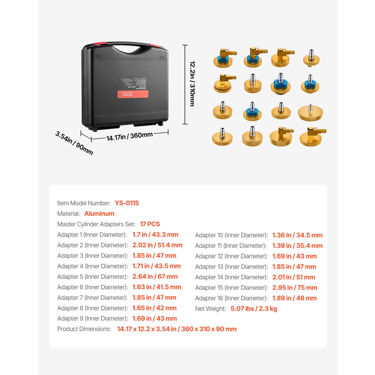 Brake Master Bleeder Kit, 17 Pcs, Professional Brake Bleeder Adapter Set with Complete Kit & Handle, Durable Brake Bleeder Adapter for Brake Fluid Filling Fit for Most New & Old Vehicles