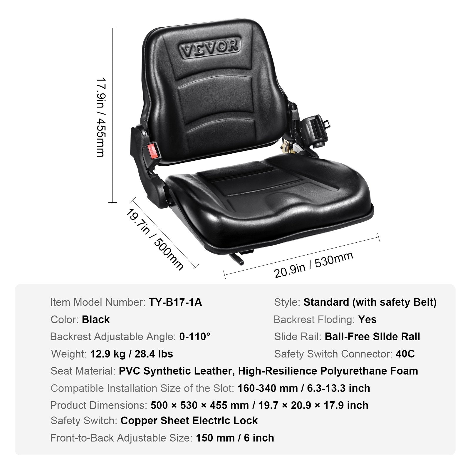 Automotive Parts: VEVOR Universal Forklift Seat, Fold Down Tractor Seat with Adjustable Angle Back, Micro Switch and Retractable Seatbelt, 16-34 cm Slot Forklift Seat for Tractor Loader Excavator