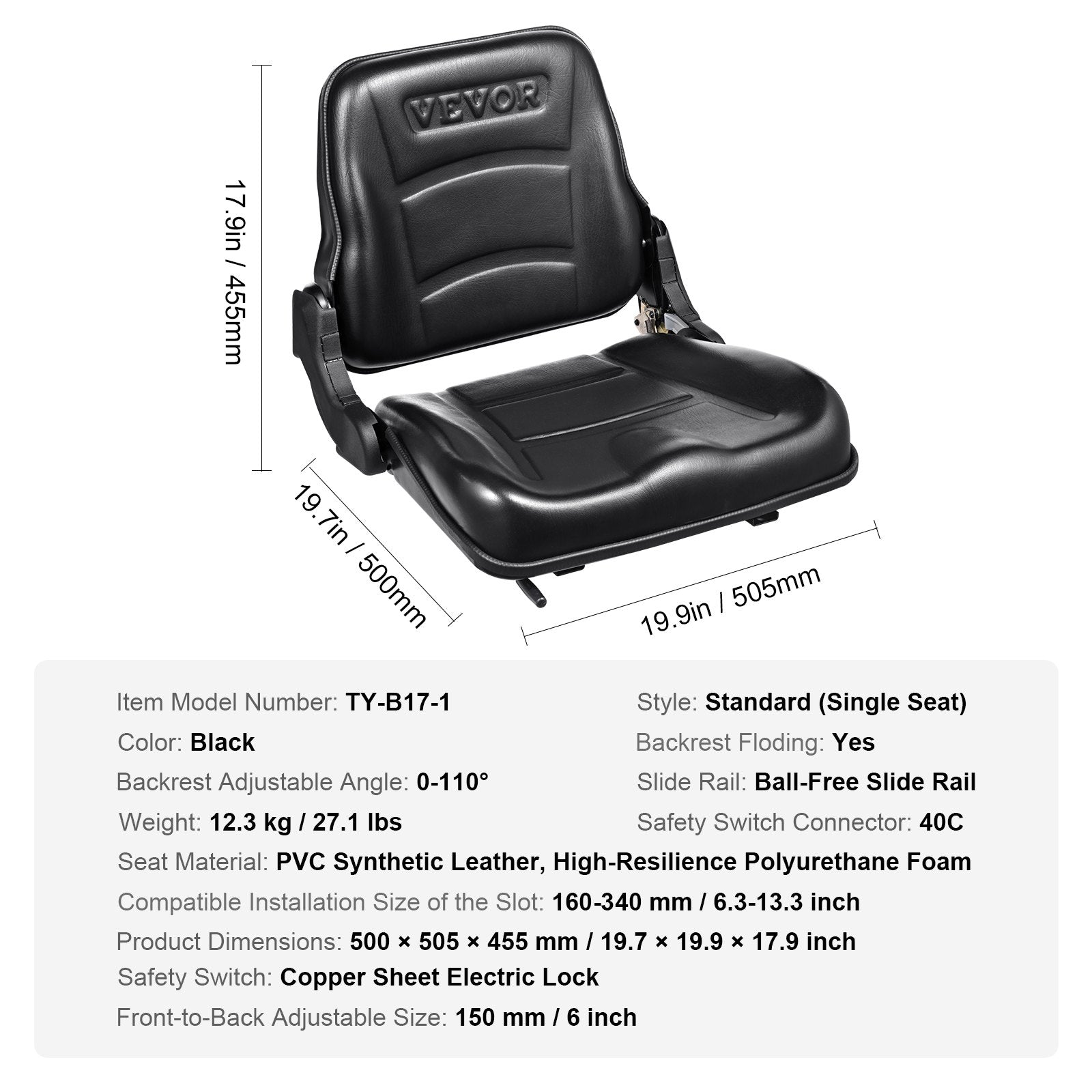 Automotive Parts: VEVOR Universal Forklift Seat, Fold Down Tractor Seat with Adjustable Angle Back and Micro Switch, 16-34 cm Extended Slot Comfortable Forklift Seat for Tractor Loader Excavator