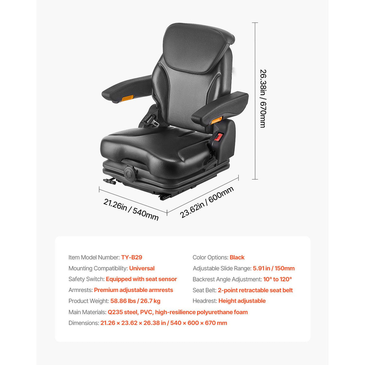 Universal Forklift Seat, Tractor Suspension Seat with Adjustable Back, Armrest, Headrest & Safety Belt, Secure Fold Down Tractor Seat with Micro Switch, Lawnmower Seat for Skid Loader Bulldozer