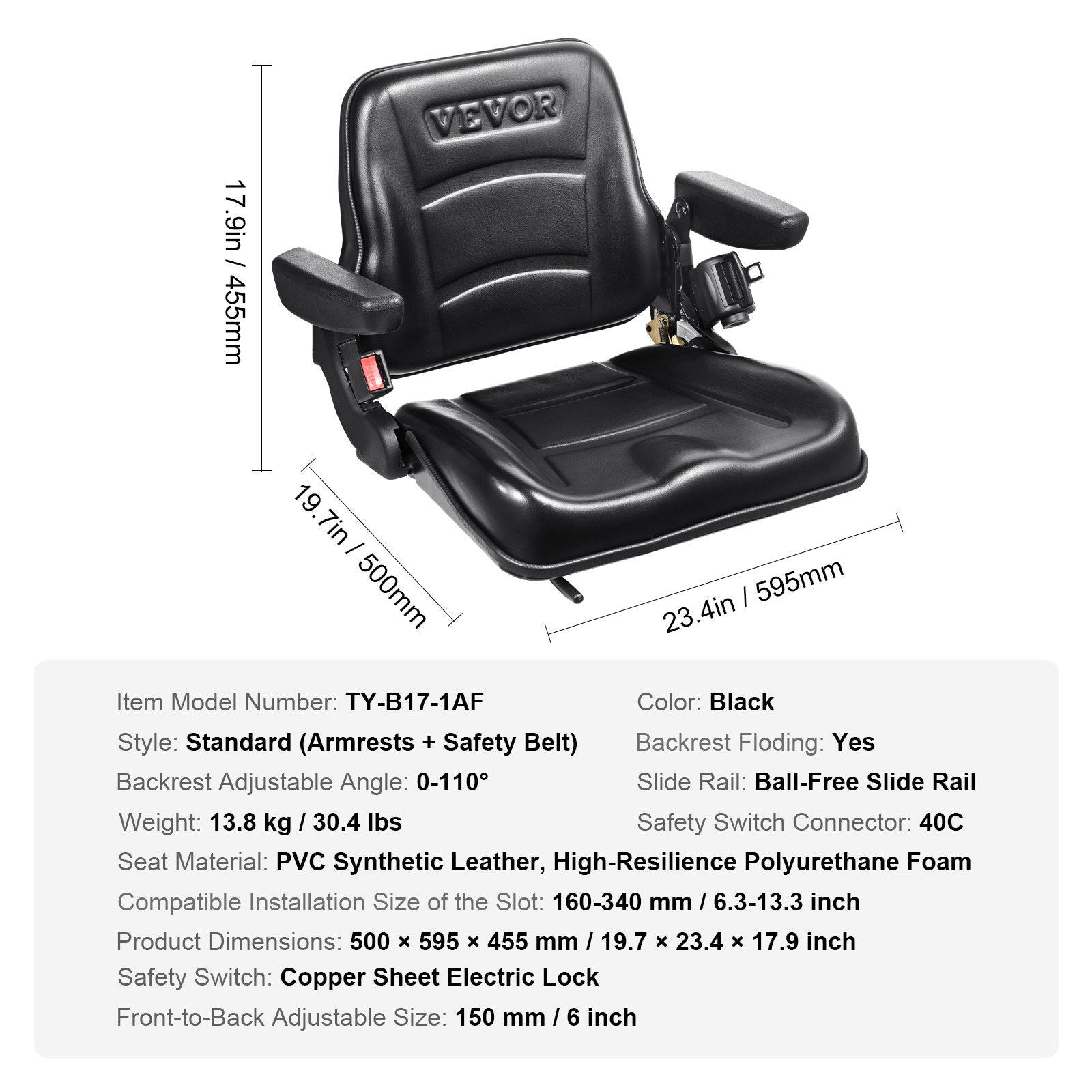 Automotive Parts: VEVOR Universal Forklift Seat, Fold Down Tractor Seat with Adjustable Angle Back, Micro Switch, Seatbelt and Armrests, 16-34 cm Slot Tractor Seat for Tractor Loader Excavator