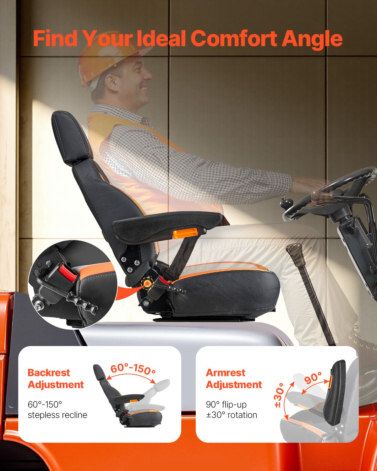 Automotive Parts: VEVOR Forklift Seat Mower Tractor Seat Adjustable Back Seatbelt & Headrest
