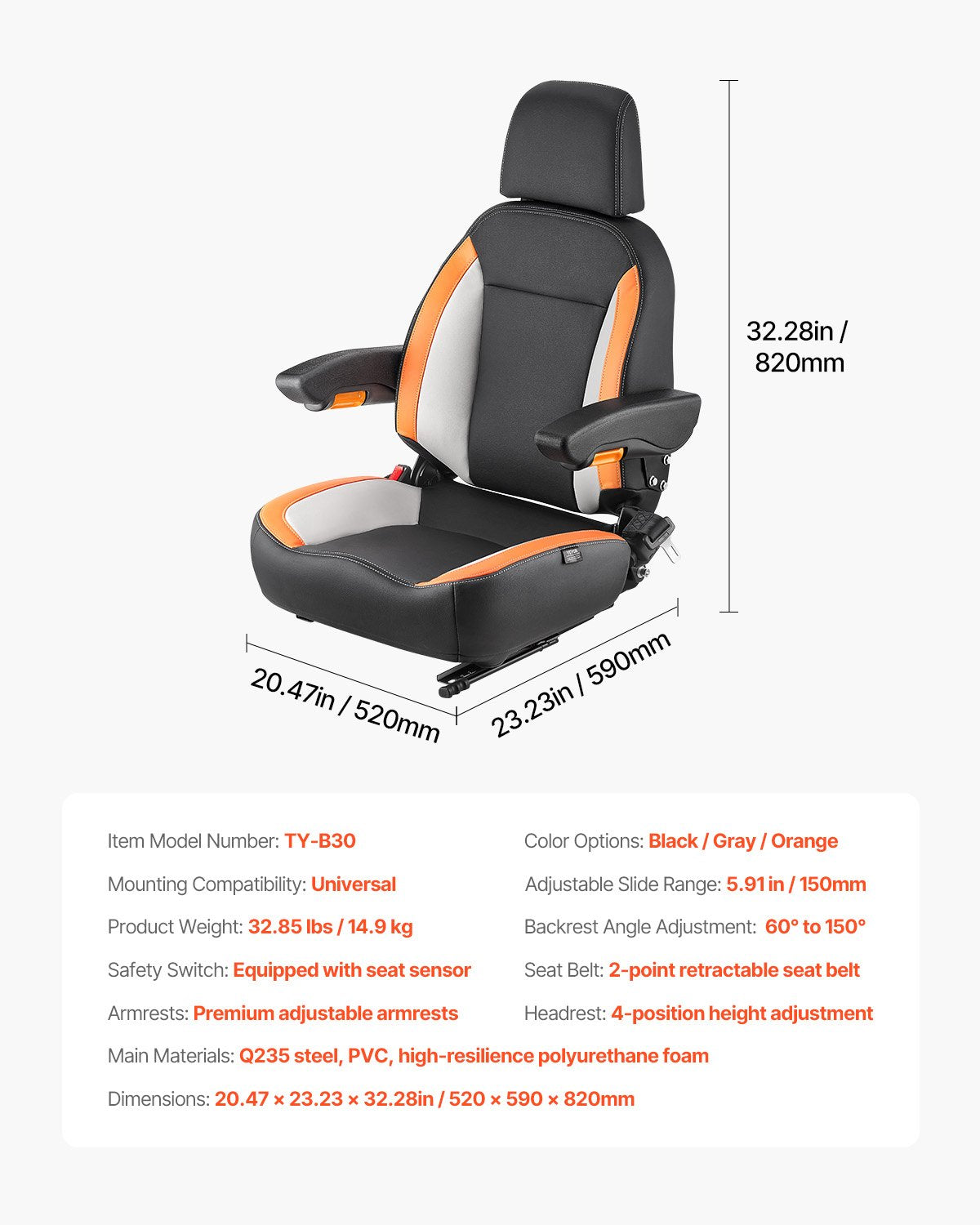 Automotive Parts: VEVOR Forklift Seat Mower Tractor Seat Adjustable Back Seatbelt & Headrest