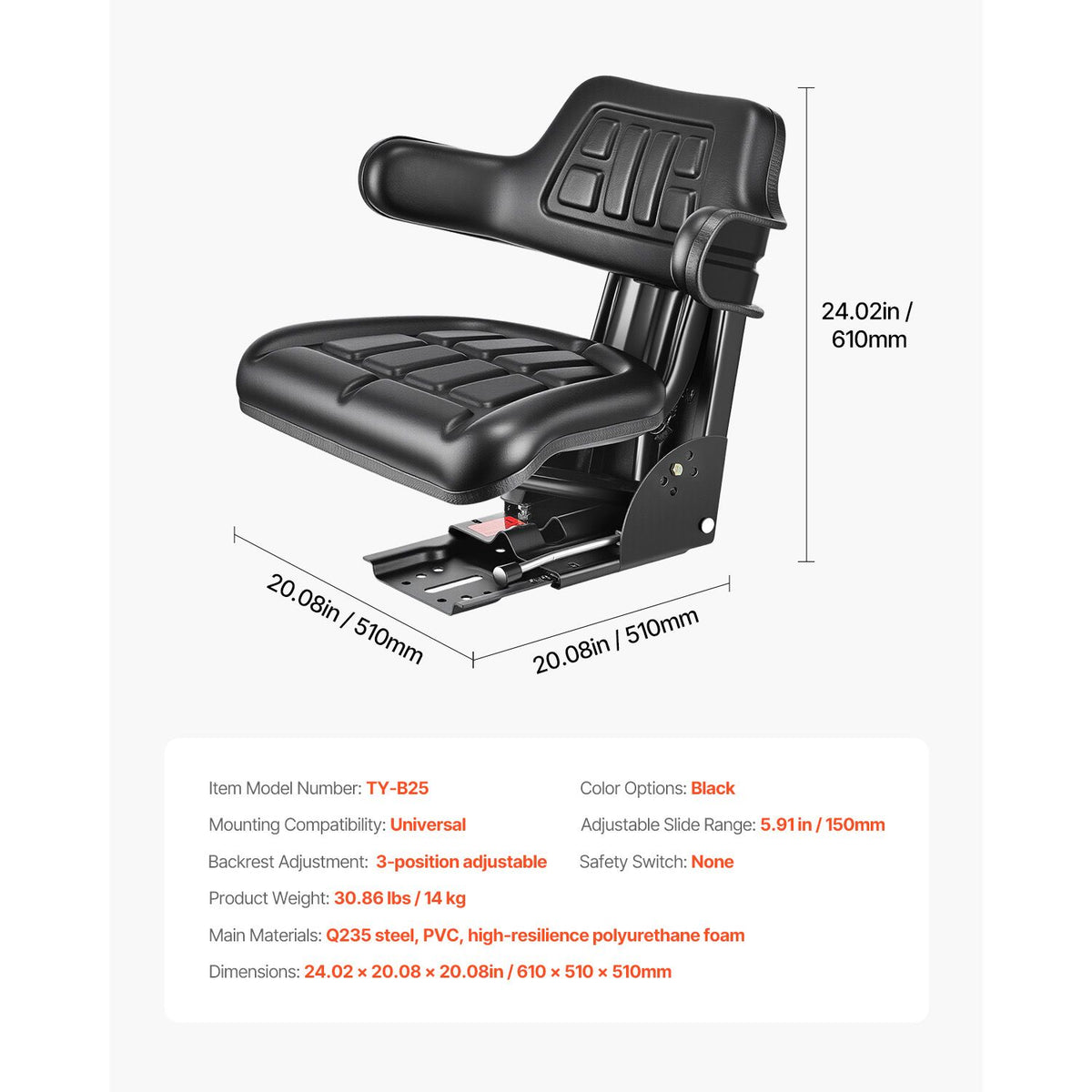 Universal Forklift Seat, Waterproof Tractor Suspension Seat with Adjustable Back, Secure Tractor Seat with Micro Switch, Widely Compatible Seat for Skid Loader Bulldozer