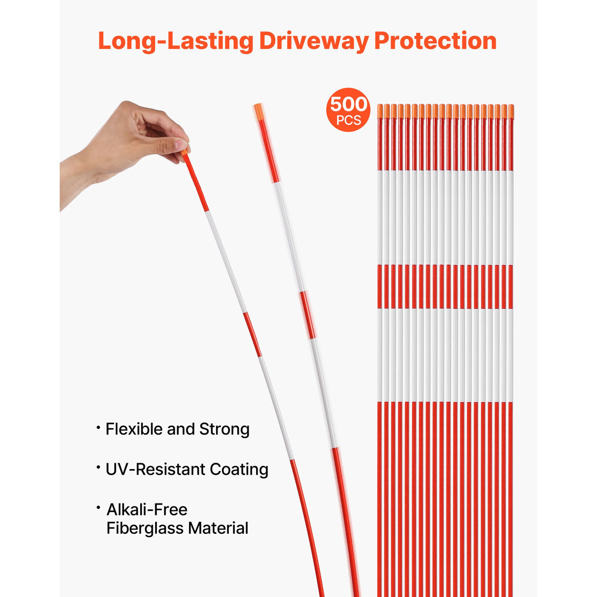Driveway Markers, 500Pcs 122cm Long 6.35mm Dia, Hi-Visibility Driveway Reflectors with 12 in Steel Drill Bits, Reflective Snow Sticks Fiberglass Pole for Parking Lots, Walkways, Snow Plowing