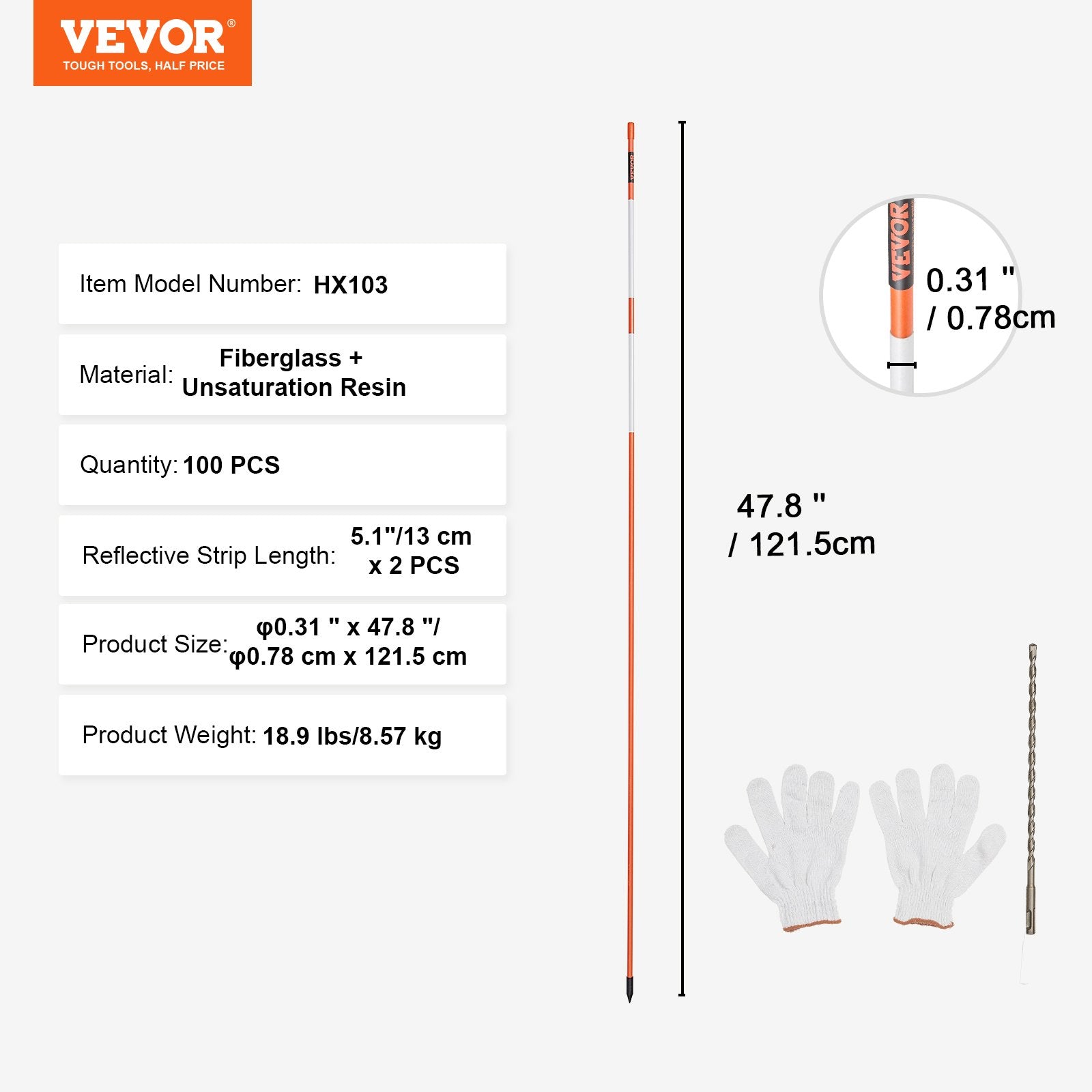 Driveway Markers, 100PCS 121.5cm, 0.78cm Diameter, Orange Fiberglass Poles Snow Stakes with Reflective Tape, 30cm Steel Drill Bit & Protection Gloves for Parking Lots, Walkways Easy Visibility
