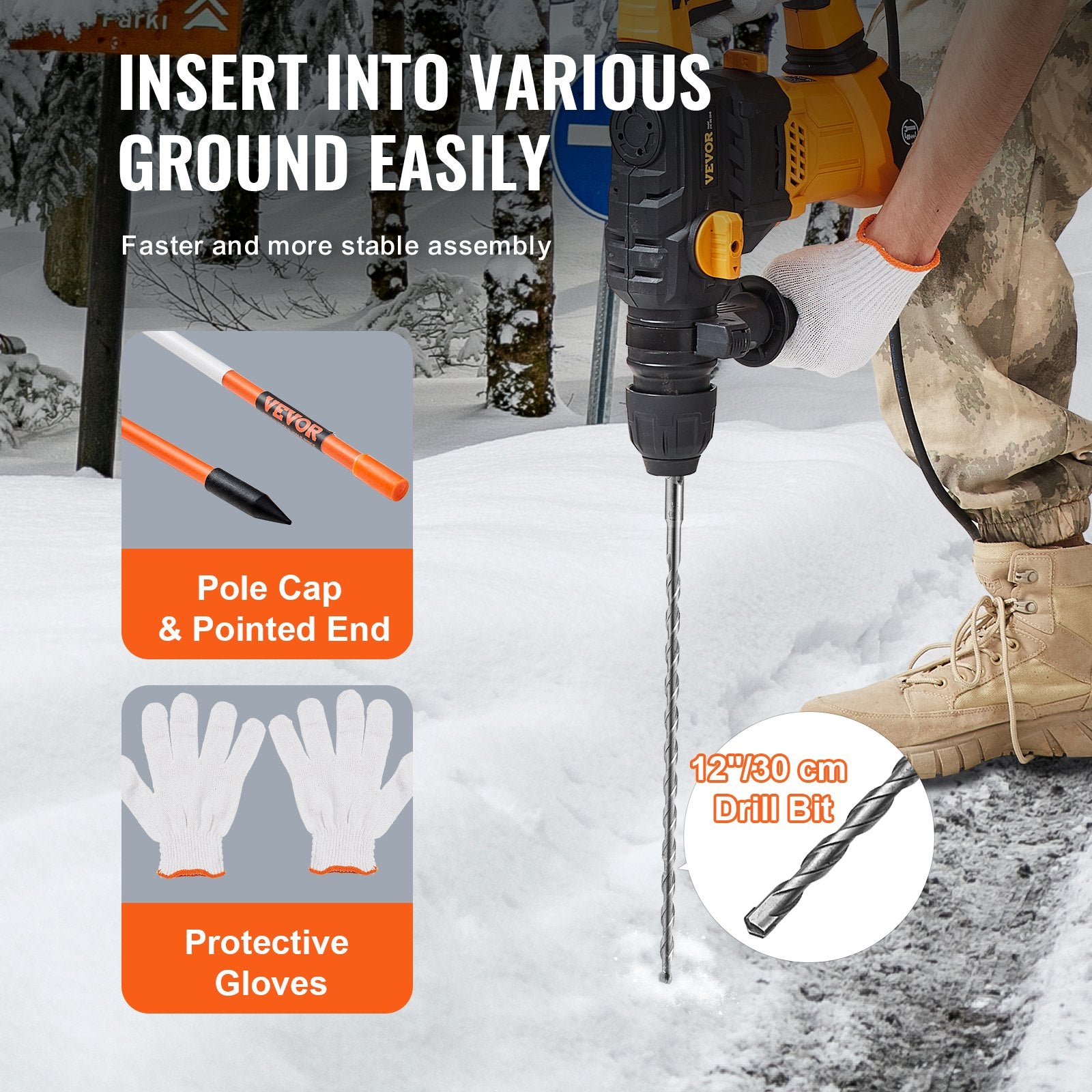 Driveway Markers, 30 PCS 121.5cm, 0.78cm Diameter, Orange Fiberglass Poles Snow Stakes with Reflective Tape, 30cm Steel Drill Bit & Protection Gloves for Parking Lots, Walkways Easy Visibility