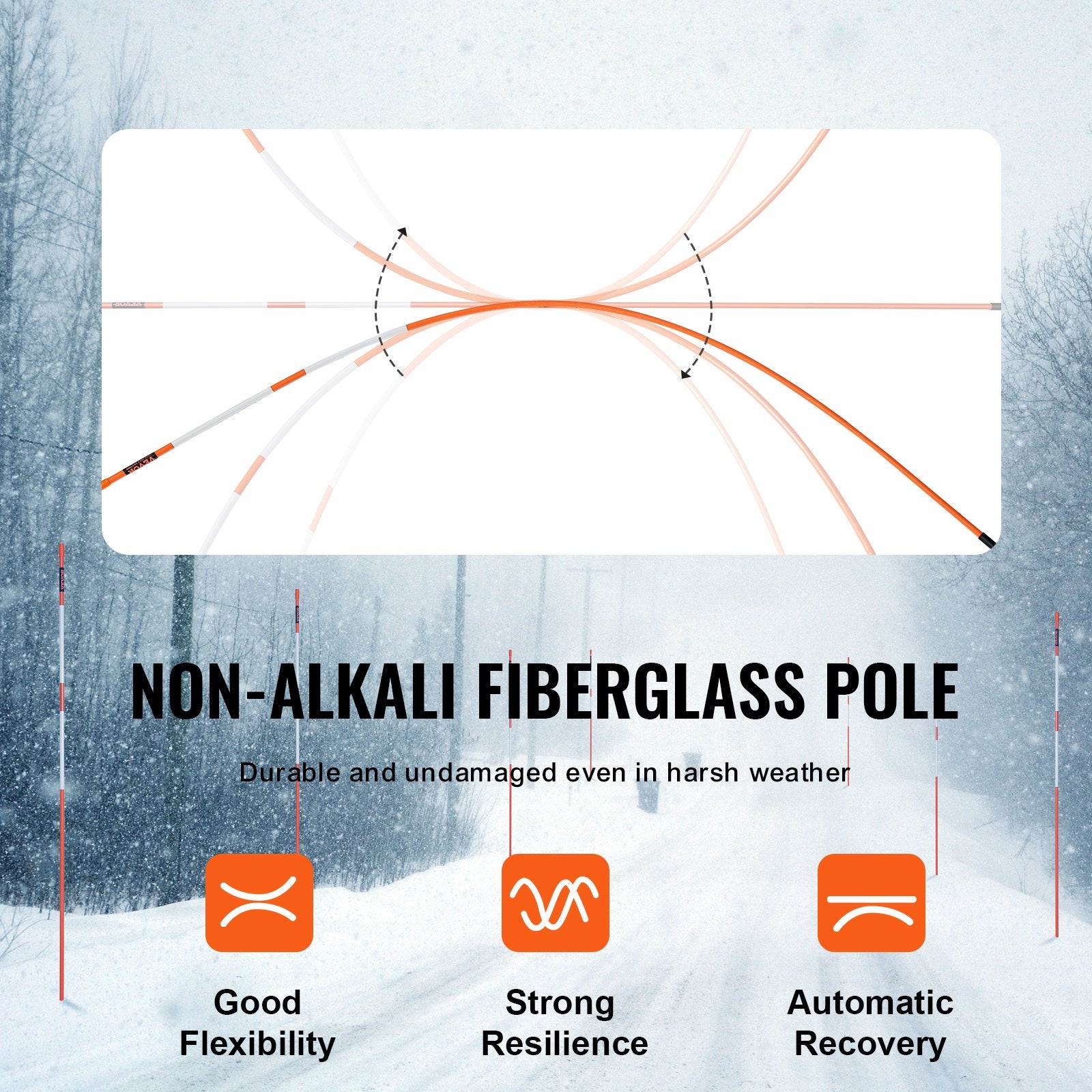 Driveway Markers, 30 PCS 121.5cm, 0.78cm Diameter, Orange Fiberglass Poles Snow Stakes with Reflective Tape, 30cm Steel Drill Bit & Protection Gloves for Parking Lots, Walkways Easy Visibility