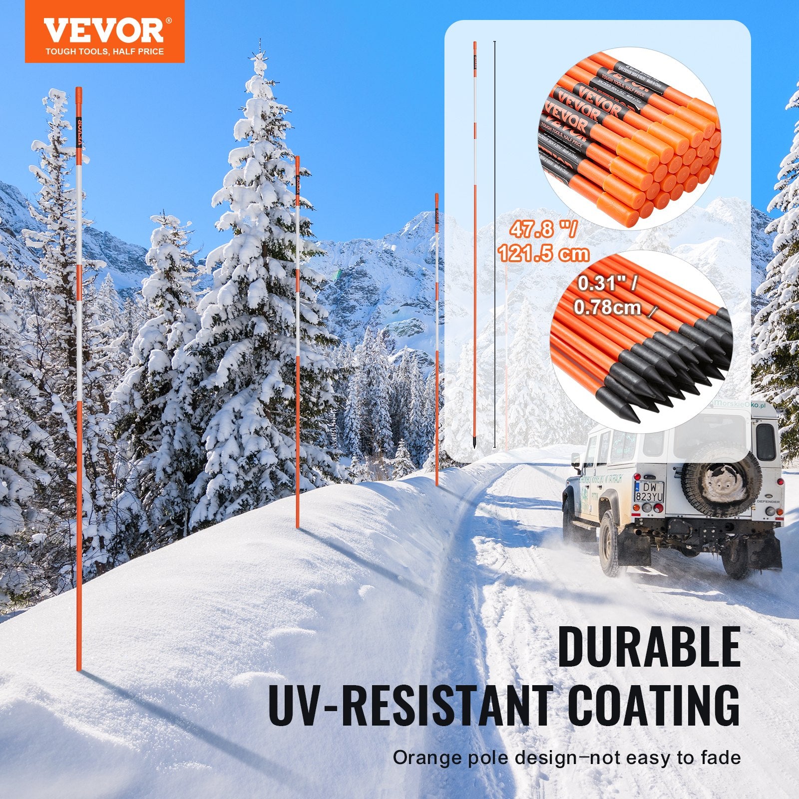 Outdoor Play Equipment: VEVOR Driveway Markers, 50 PCS 121.5 cm, 0.78 cm Diameter Orange Fiberglass Poles Snow Stakes with Reflective Tape, 30 cm Steel Drill Bit & Protection Gloves for Parking Lots, Walkways Easy Visibility