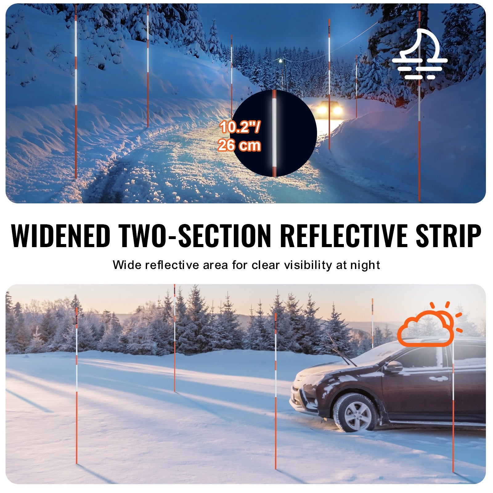 Outdoor Play Equipment: VEVOR Driveway Markers, 50 PCS 121.5 cm, 0.78 cm Diameter Orange Fiberglass Poles Snow Stakes with Reflective Tape, 30 cm Steel Drill Bit & Protection Gloves for Parking Lots, Walkways Easy Visibility