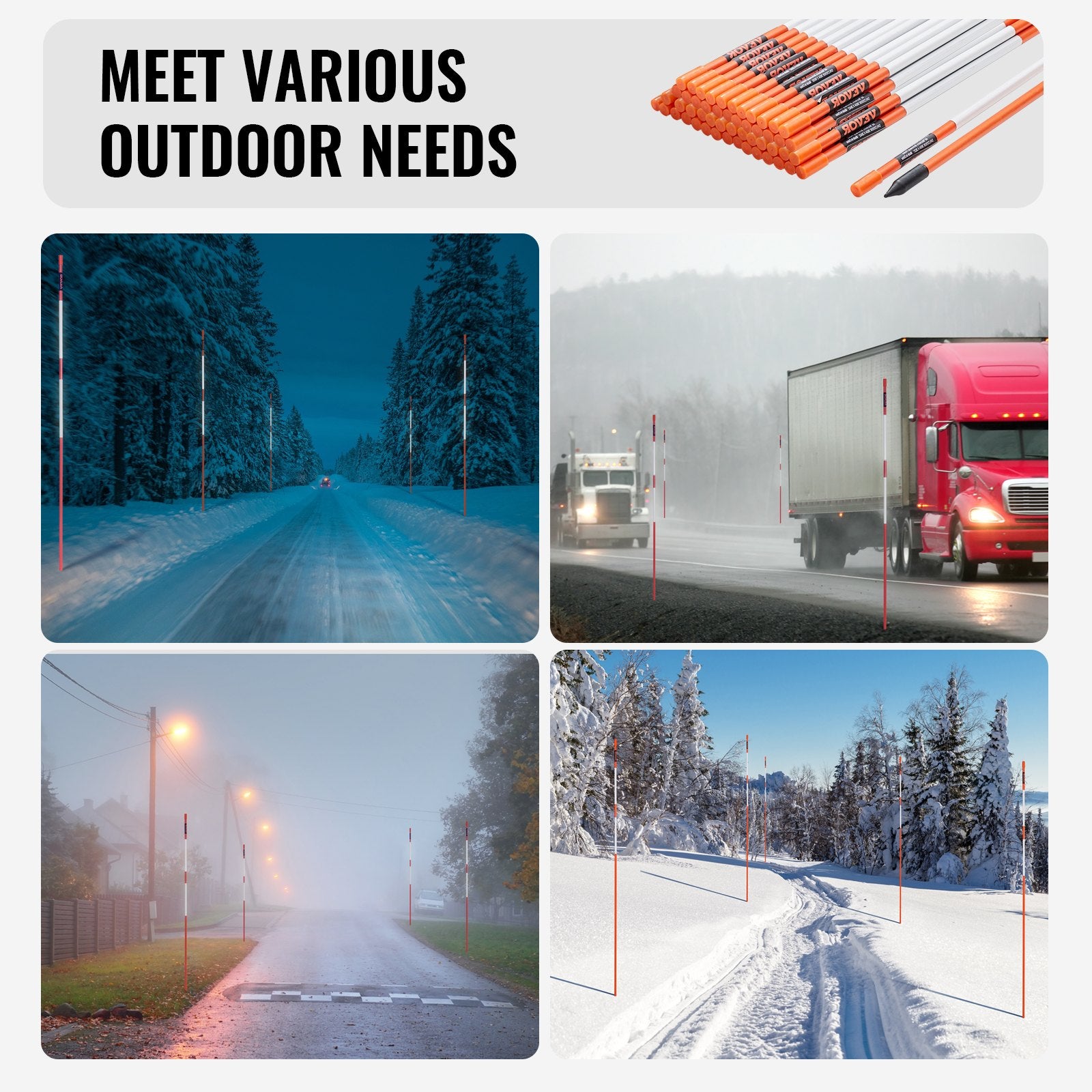 Outdoor Play Equipment: VEVOR Driveway Markers, 50 PCS 121.5 cm, 0.78 cm Diameter Orange Fiberglass Poles Snow Stakes with Reflective Tape, 30 cm Steel Drill Bit & Protection Gloves for Parking Lots, Walkways Easy Visibility