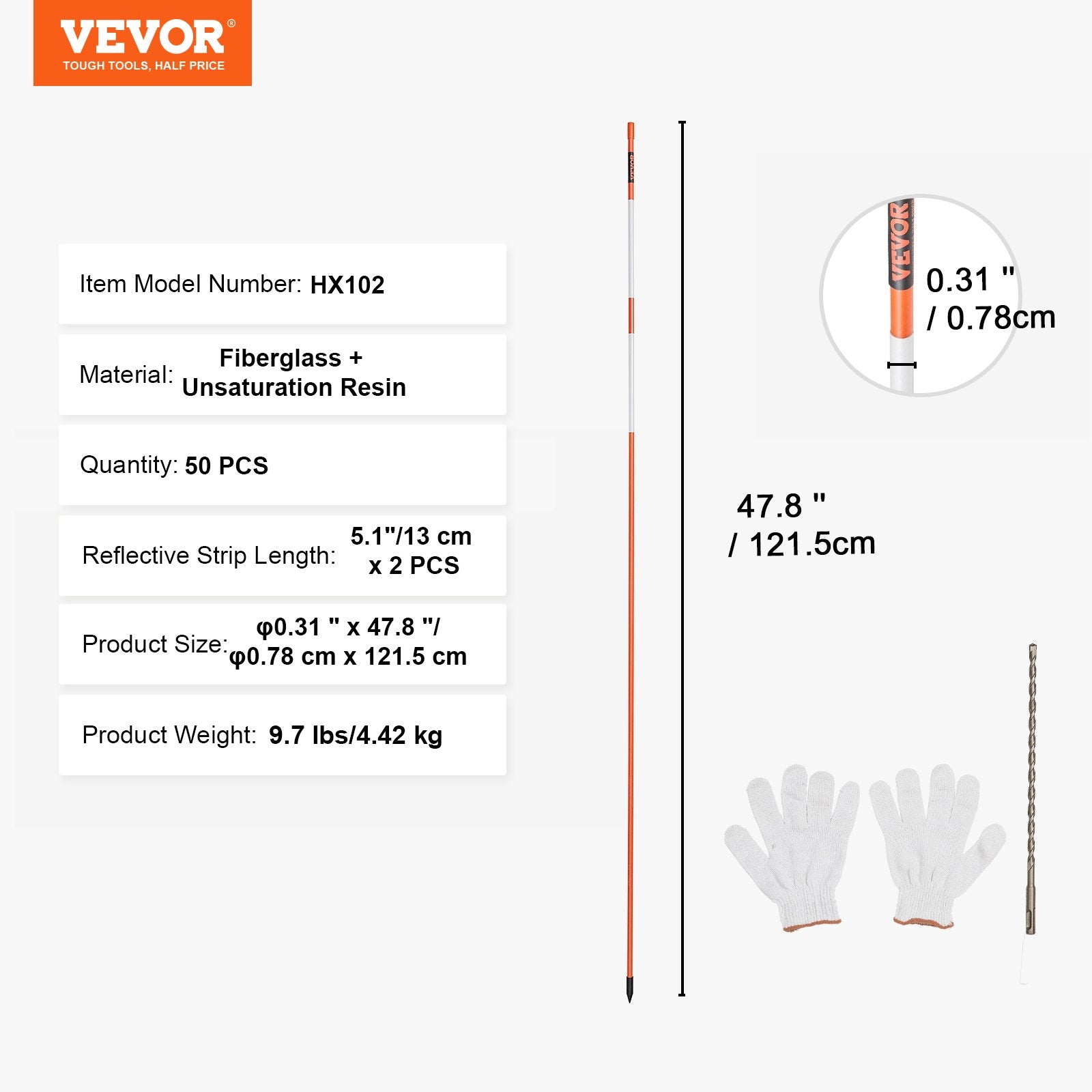 Outdoor Play Equipment: VEVOR Driveway Markers, 50 PCS 121.5 cm, 0.78 cm Diameter Orange Fiberglass Poles Snow Stakes with Reflective Tape, 30 cm Steel Drill Bit & Protection Gloves for Parking Lots, Walkways Easy Visibility
