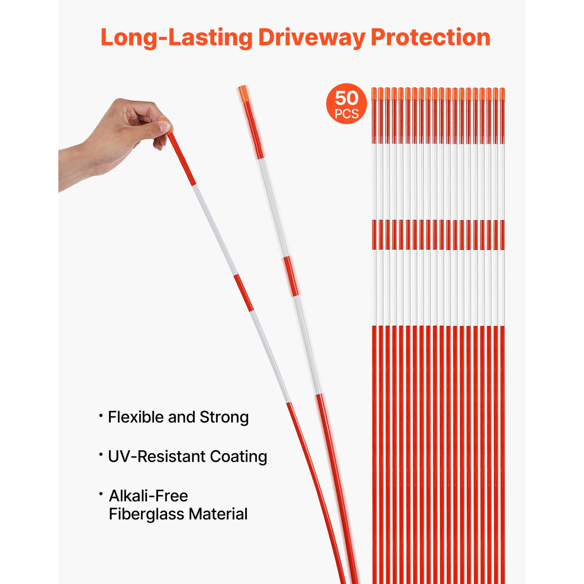 Driveway Markers, 50Pcs 152cm Long 7.87mm Dia, Hi-Visibility Driveway Reflectors with 12 in Steel Drill Bits, Reflective Snow Sticks Fiberglass Pole for Parking Lots, Walkways, Snow Plowing