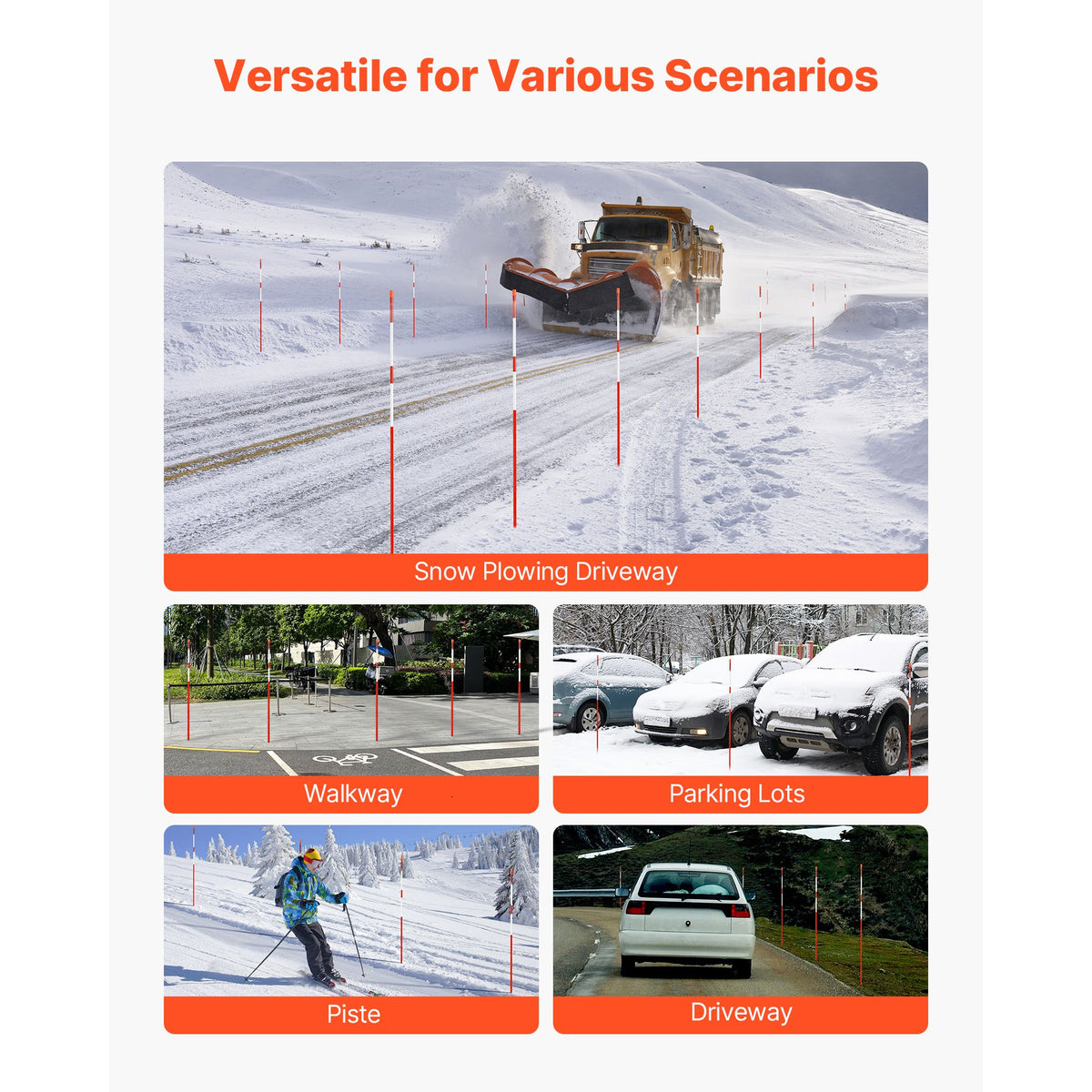 Driveway Markers, 50Pcs 152cm Long 7.87mm Dia, Hi-Visibility Driveway Reflectors with 12 in Steel Drill Bits, Reflective Snow Sticks Fiberglass Pole for Parking Lots, Walkways, Snow Plowing