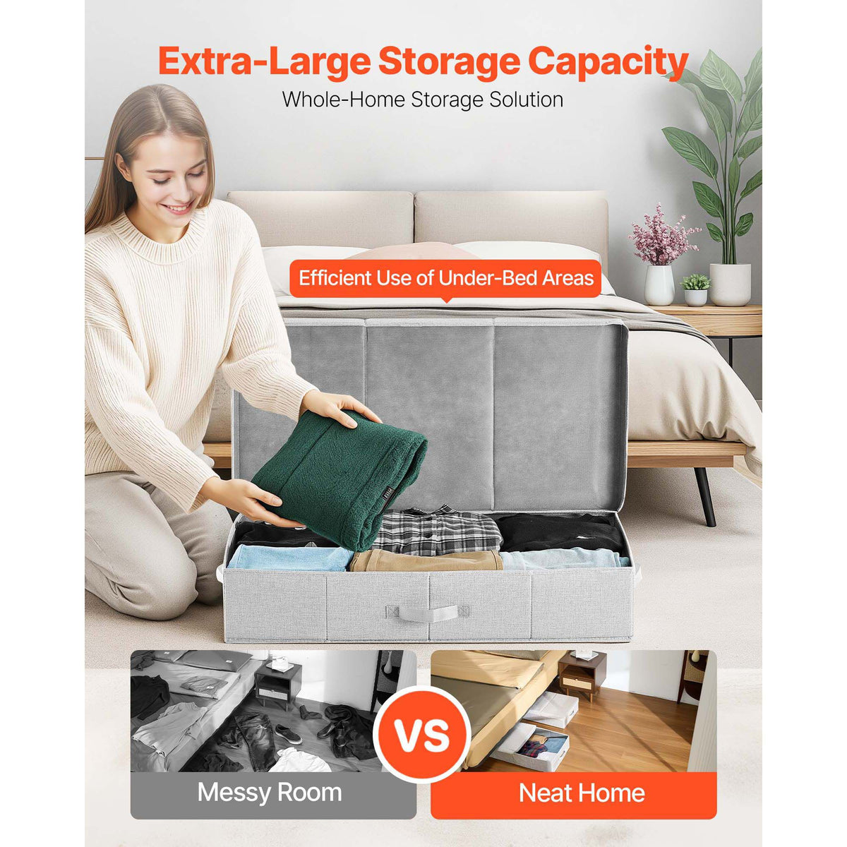Under Bed Storage with Lids, 805 x 405 x 155 mm, 48L Large Underbed Clothes Storage Containers, Low Profile Gray Under Bed Drawer Shoe Organizer Bins Box for Blanket Shoe Bedroom, 2 Pack