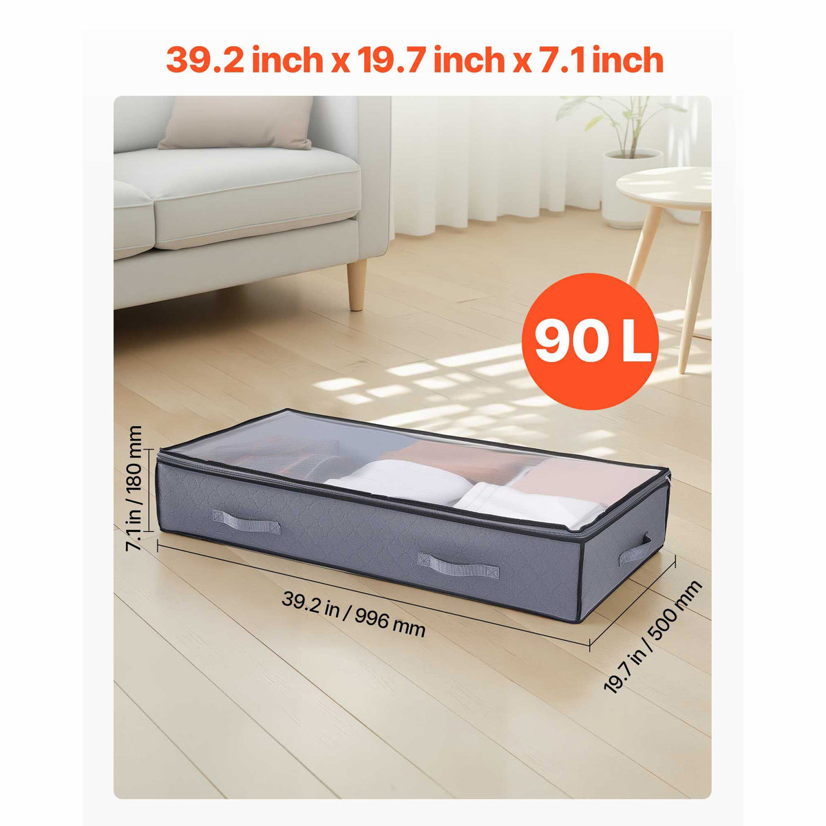 Under Bed Storage with Clear Lids, 996 x 500 x 180 mm, 90L Large Underbed Clothes Storage Containers, Low Profile Under Bed Drawer Shoe Organizer Bins Box for Blanket Shoe Bedroom, 4 Pack
