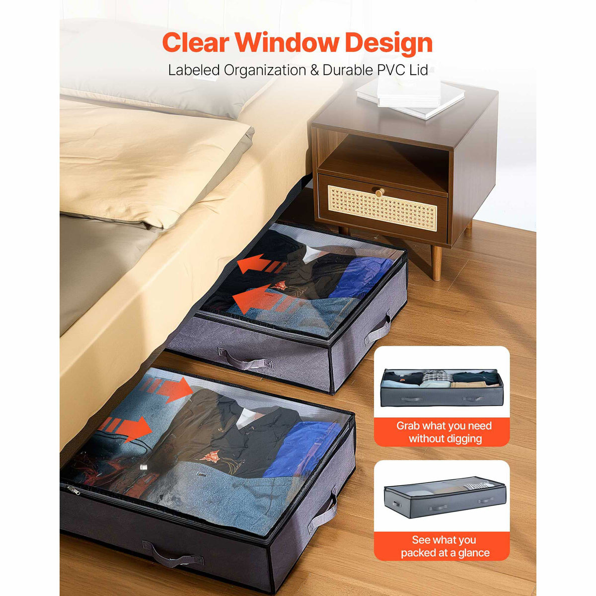 Under Bed Storage with Clear Lids, 996 x 500 x 180 mm, 90L Large Underbed Clothes Storage Containers, Low Profile Under Bed Drawer Shoe Organizer Bins Box for Blanket Shoe Bedroom, 4 Pack