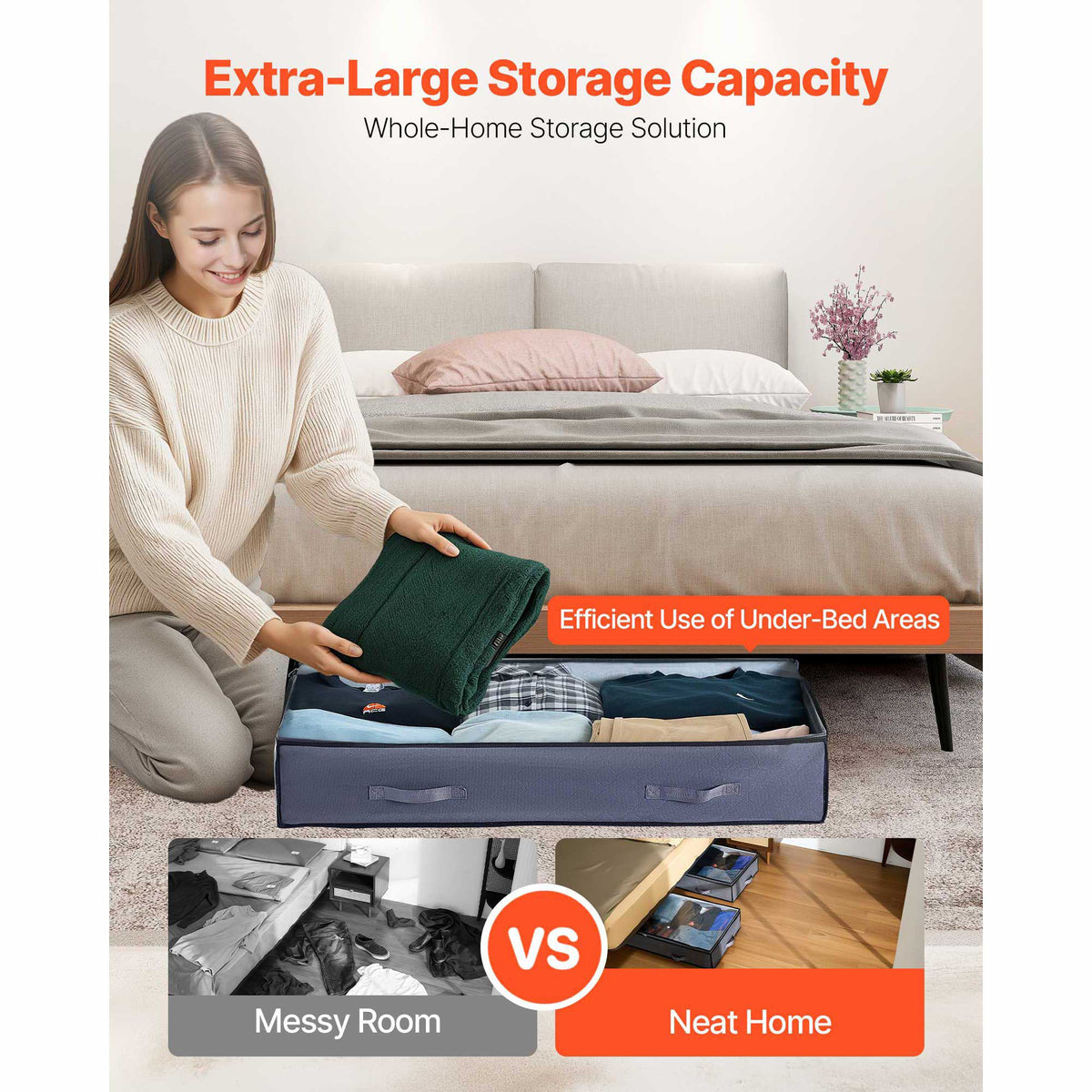 Under Bed Storage with Clear Lids, 996 x 500 x 180 mm, 90L Large Underbed Clothes Storage Containers, Low Profile Under Bed Drawer Shoe Organizer Bins Box for Blanket Shoe Bedroom, 6 Pack