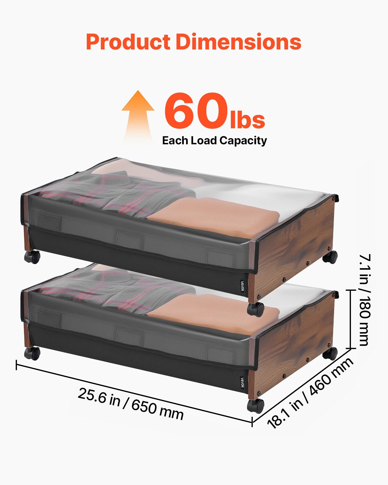 Dressing Vanity & Dressing Tables: VEVOR Under Bed Storage with Wheels, 650 x 460 x 180 mm Underbed Containers, Underbed Shoes Organizer with Lockable Wheels, Rolling Under the Bed Storage Bins for Clothes, Shoes, Blankets, 2 Pack