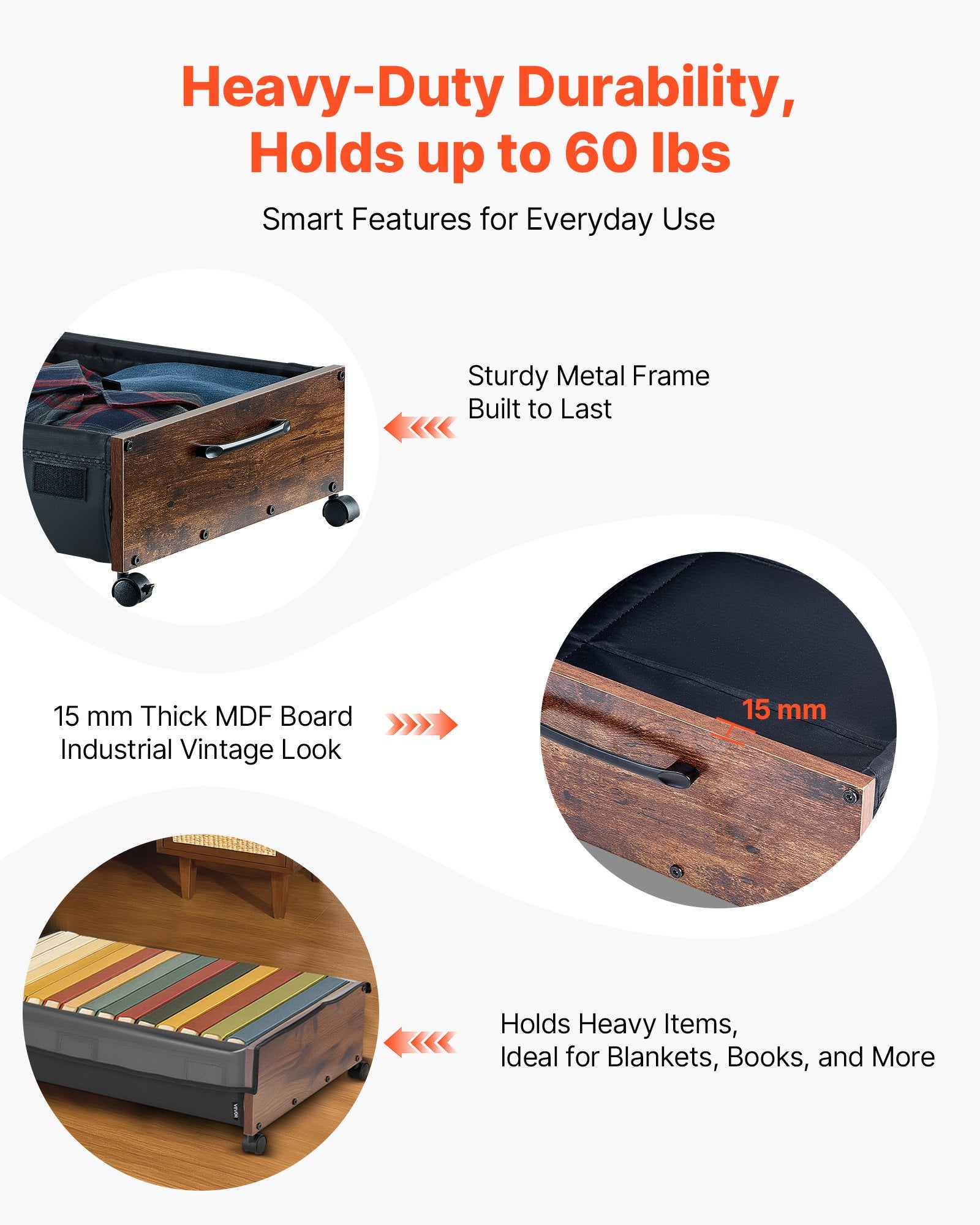 Dressing Vanity & Dressing Tables: VEVOR Under Bed Storage with Wheels, 650 x 460 x 180 mm Underbed Containers, Underbed Shoes Organizer with Lockable Wheels, Rolling Under the Bed Storage Bins for Clothes, Shoes, Blankets, 2 Pack