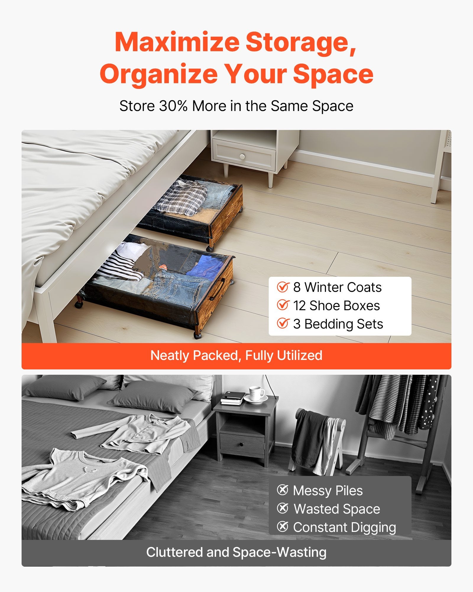 Dressing Vanity & Dressing Tables: VEVOR Under Bed Storage with Wheels, 650 x 460 x 180 mm Underbed Containers, Underbed Shoes Organizer with Lockable Wheels, Rolling Under the Bed Storage Bins for Clothes, Shoes, Blankets, 2 Pack