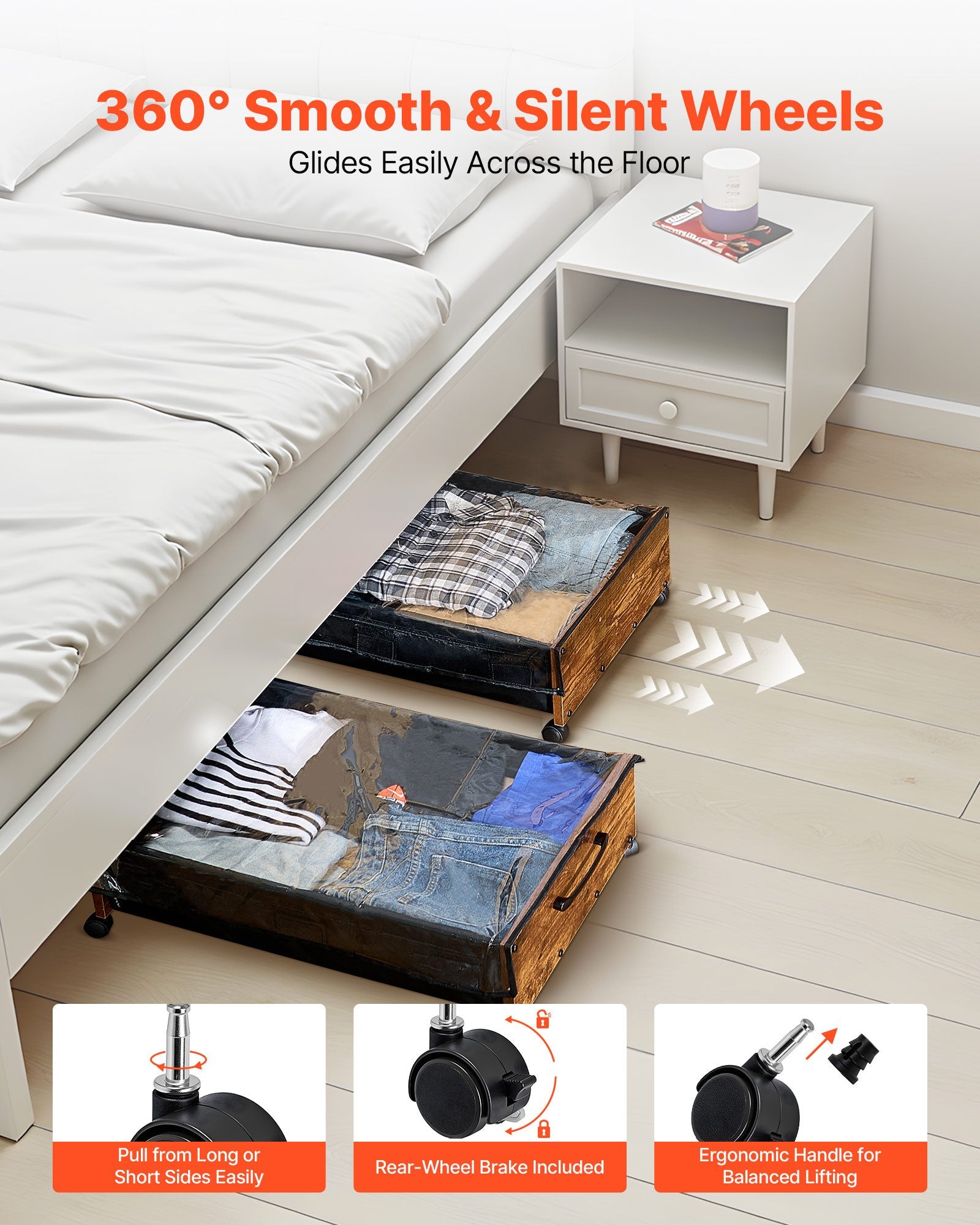 Dressing Vanity & Dressing Tables: VEVOR Under Bed Storage with Wheels, 650 x 460 x 180 mm Underbed Containers, Underbed Shoes Organizer with Lockable Wheels, Rolling Under the Bed Storage Bins for Clothes, Shoes, Blankets, 2 Pack