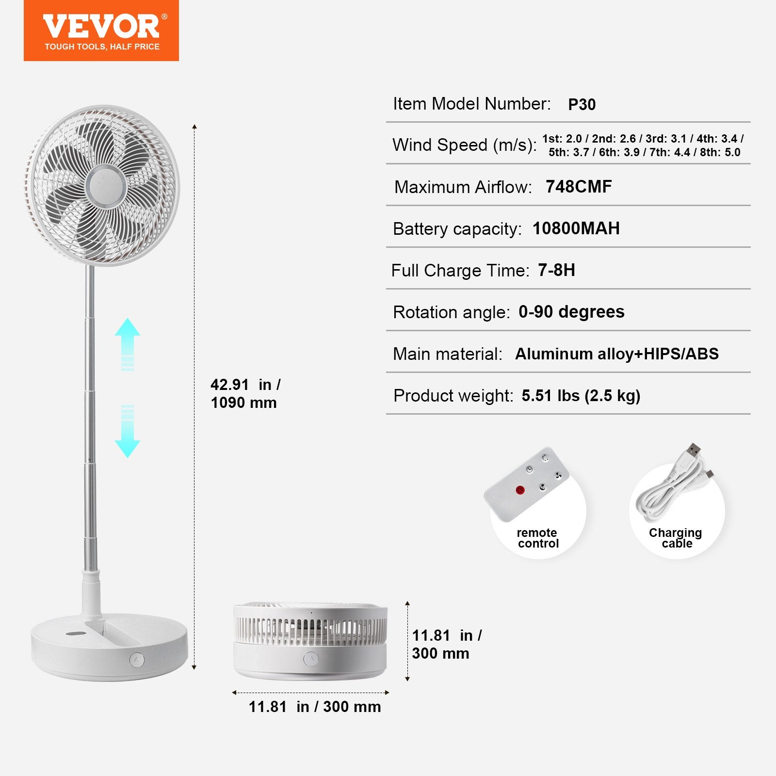 12 Inch Foldable Oscillating Standing Fan with Remote Control, 4 Speed Adjustable Portable Desk Quiet Fan, 7200mah Rechargeable USB Small Fan, Folded Rotating Floor Fan for Bedroom Office Travel