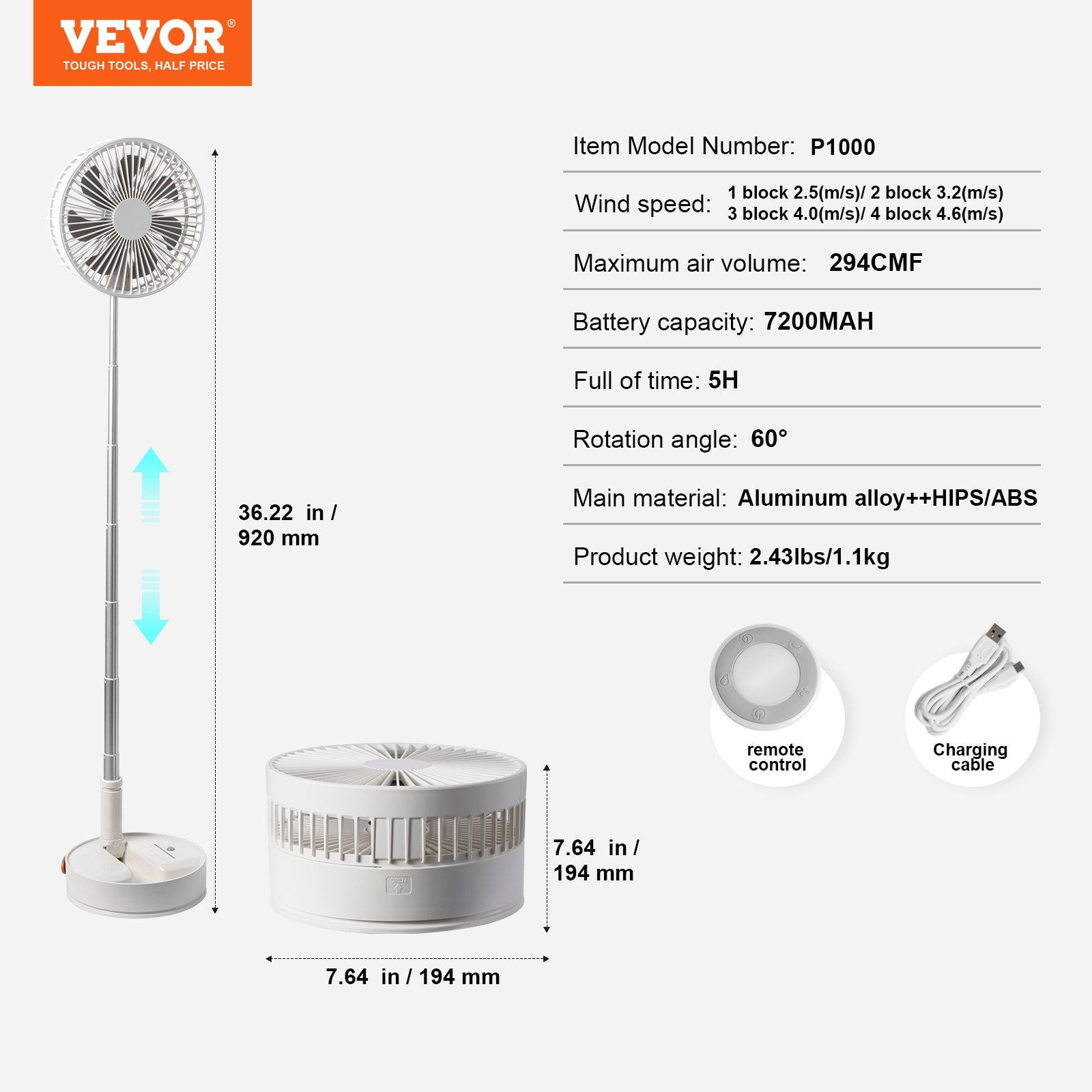 8 Inch Foldable Oscillating Standing Fan with Remote Control, 4 Speed Adjustable Portable Desk Quiet Fan, 7200mah Rechargeable USB Small Fan, Folded Rotating Floor Fan for Bedroom Office Travel