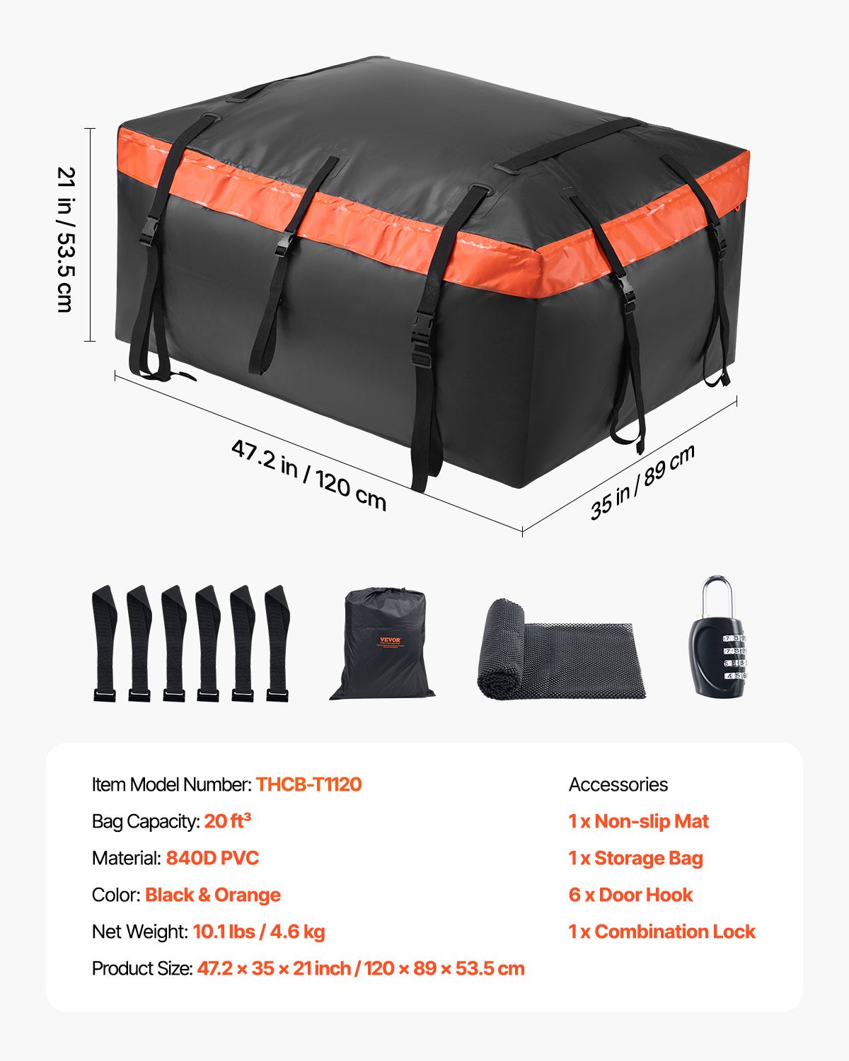 Automotive Decor: VEVOR Car Rooftop Cargo Carrier Bag, 20 Cubic Feet Roof Cargo Carrier, Heavy Duty 840D PVC 100% Waterproof Car Roof Luggage Bag for All Vehicle with/without Rack- with Lock, Anti-Slip Mat, 6 Door Hook