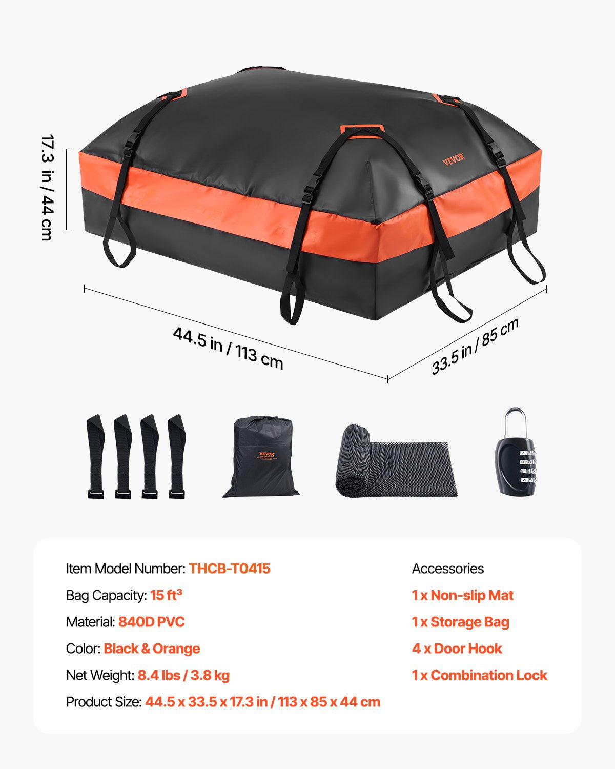 Automotive Decor: VEVOR Car Rooftop Cargo Carrier Bag, 15 Cubic Feet Car Roof Cargo Carrier, 100% Waterproof Heavy Duty 840D PVC Roof Luggage Bag for All Vehicle with/without Rack- with Lock, Non-Slip Mat, 4 Door Hooks