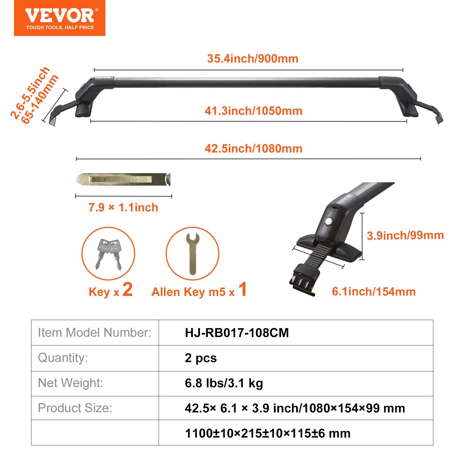 Universal Roof Rack Crossbar for Naked Roof Vehicle Aluminum with Lock