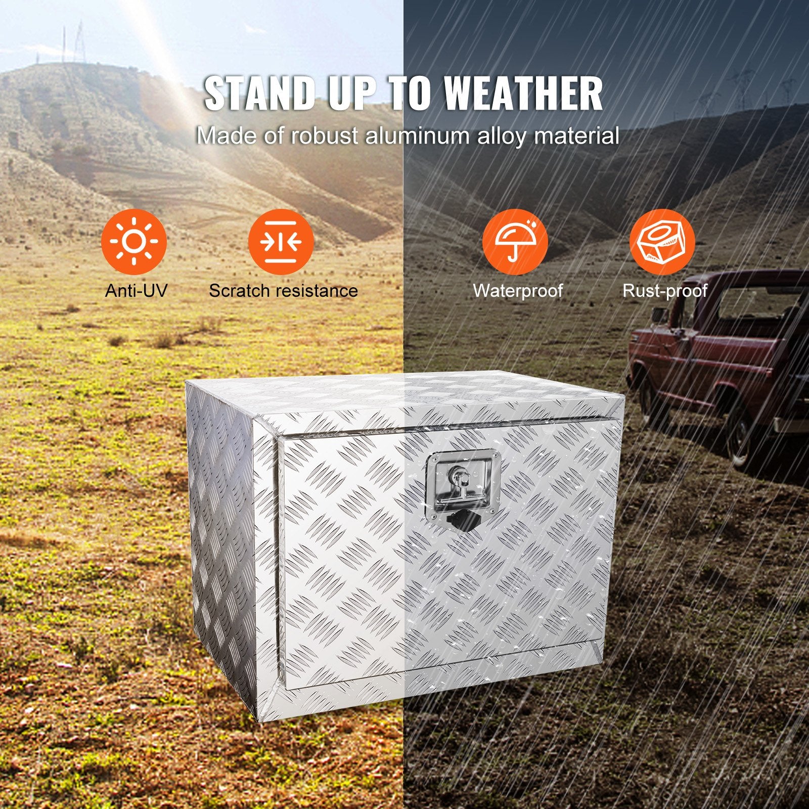 Bicycle Stands & Storage: VEVOR Underbody Truck Box, 24"×14"×16" Pickup Storage Box, Heavy Duty Aluminum Diamond Plate Tool Box with Lock and Keys, Waterproof Trailer Storage Box with T-Handle Latch for Truck, Van, Trailer
