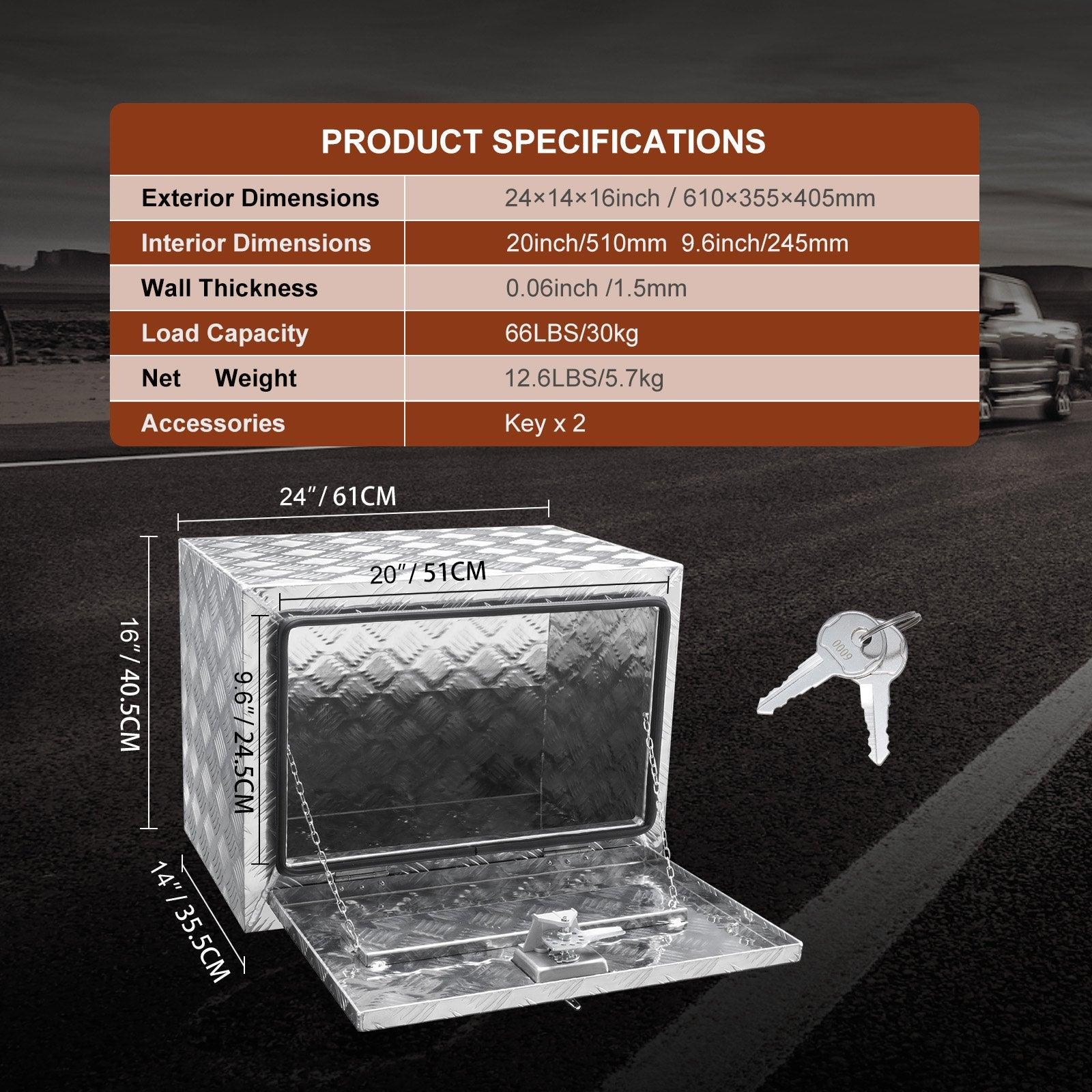 Bicycle Stands & Storage: VEVOR Underbody Truck Box, 24"×14"×16" Pickup Storage Box, Heavy Duty Aluminum Diamond Plate Tool Box with Lock and Keys, Waterproof Trailer Storage Box with T-Handle Latch for Truck, Van, Trailer