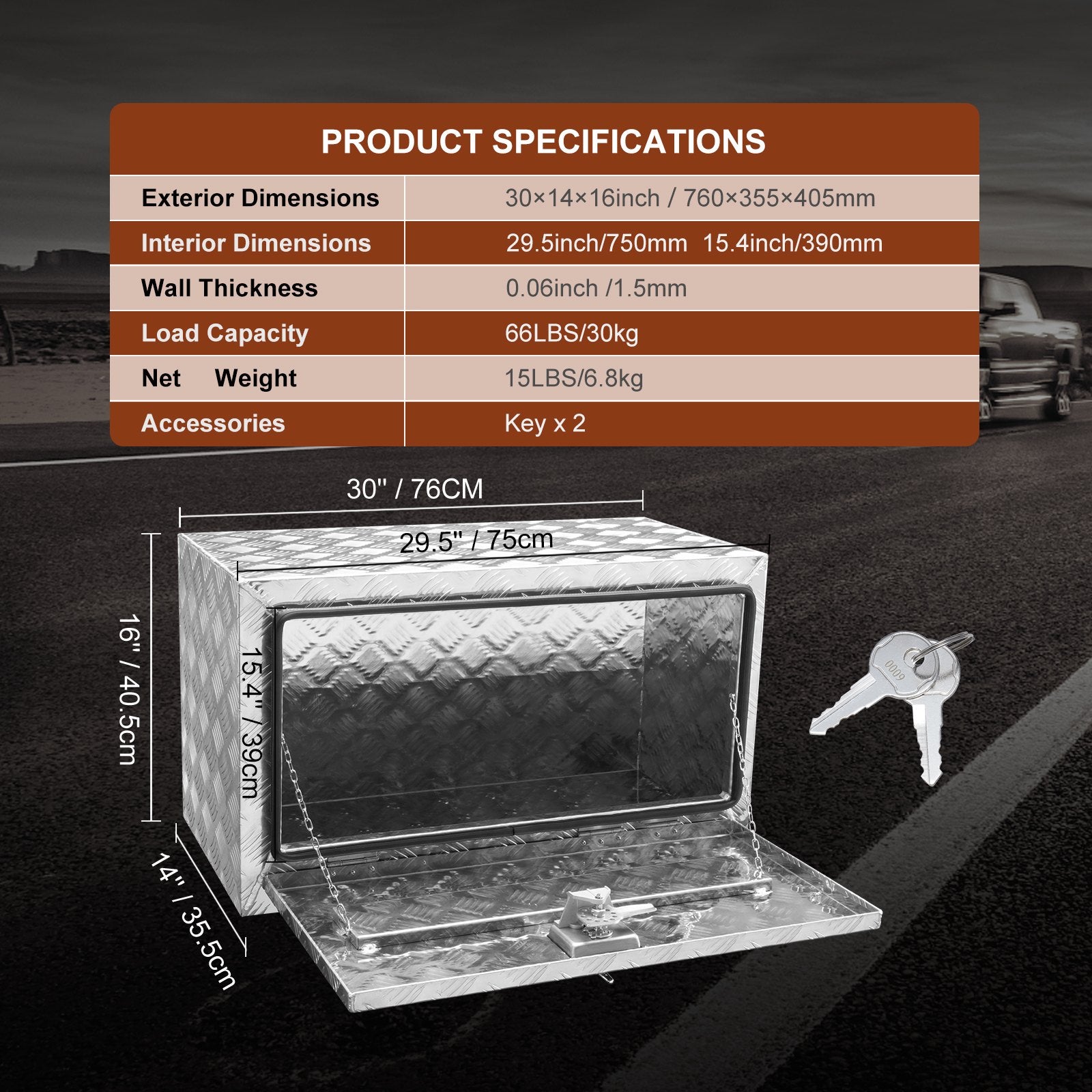 Bicycle Stands & Storage: VEVOR Underbody Truck Box, 30"×14"×16" Pickup Storage Box, Heavy Duty Aluminum Diamond Plate Tool Box with Lock and Keys, Waterproof Trailer Storage Box with T-Handle Latch for Truck, Van, Trailer