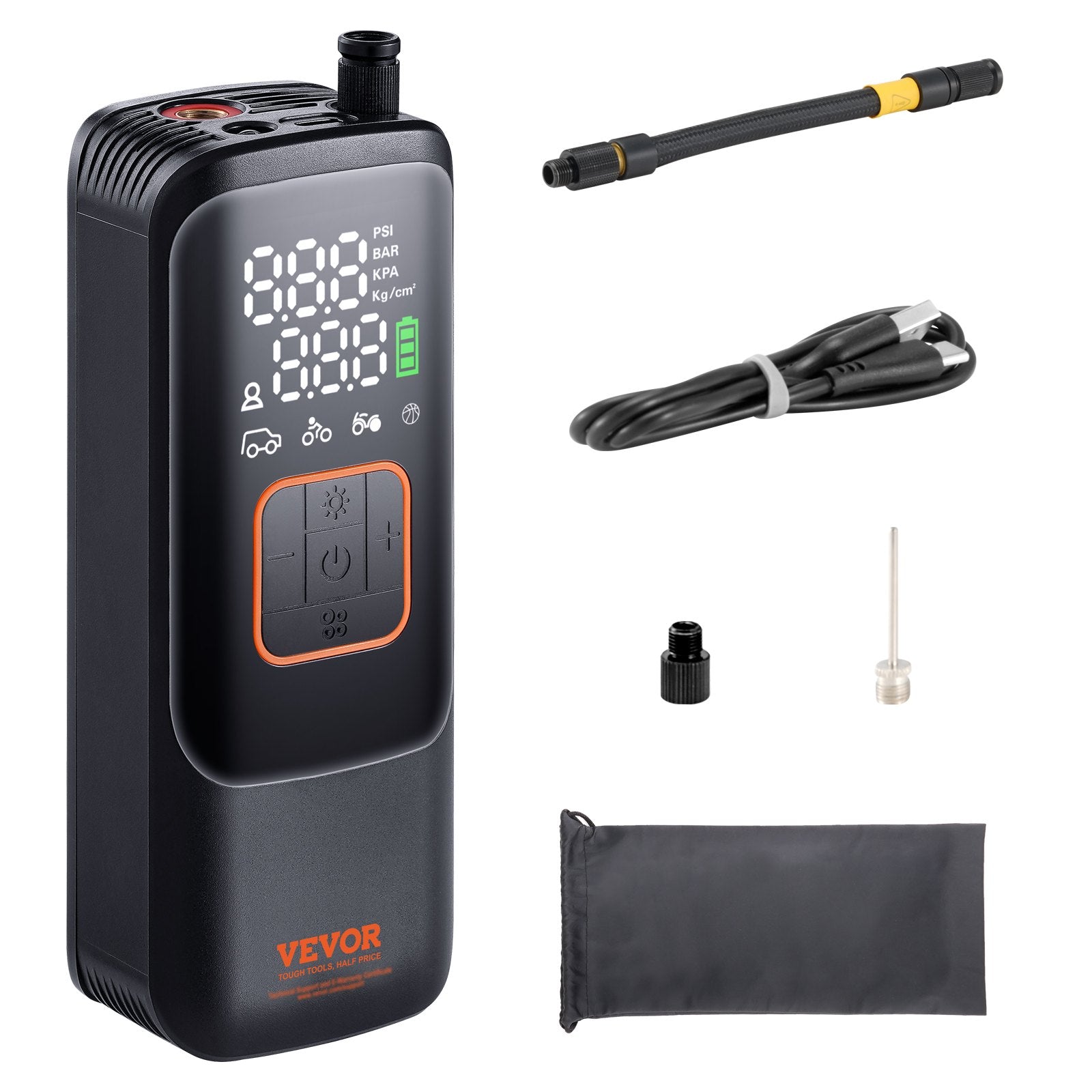 Automotive Gauges: VEVOR Tire Inflator Portable Air Compressor, 150 PSI Electric Air Pump, 4000mAh Rechargeable Tire Pump with Auto-Off Function, LCD Pressure Gauge, 3 Nozzles, LED Light for Car Motorcycle Bike Ball