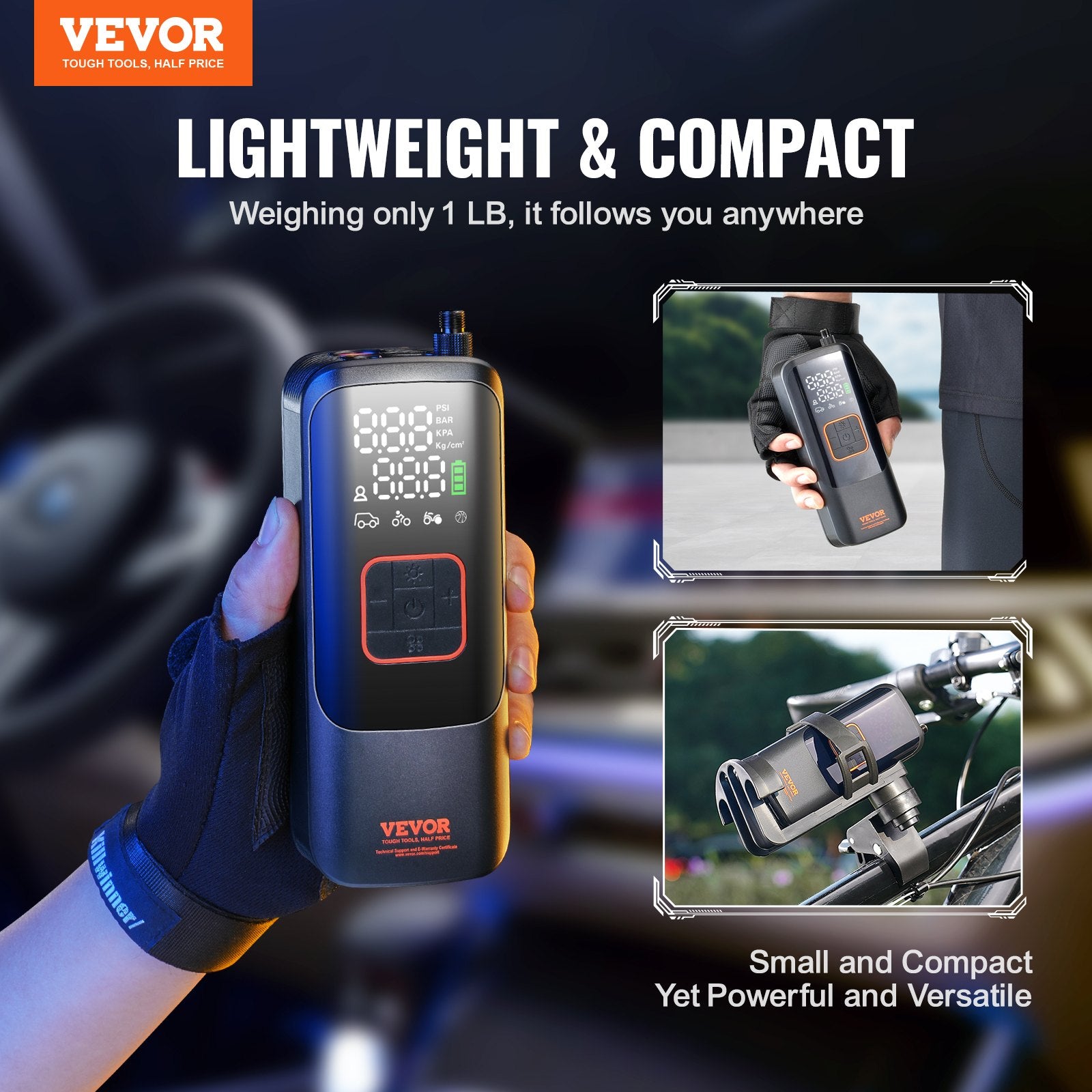Automotive Gauges: VEVOR Tire Inflator Portable Air Compressor, 150 PSI Electric Air Pump, 4000mAh Rechargeable Tire Pump with Auto-Off Function, LCD Pressure Gauge, 3 Nozzles, LED Light for Car Motorcycle Bike Ball
