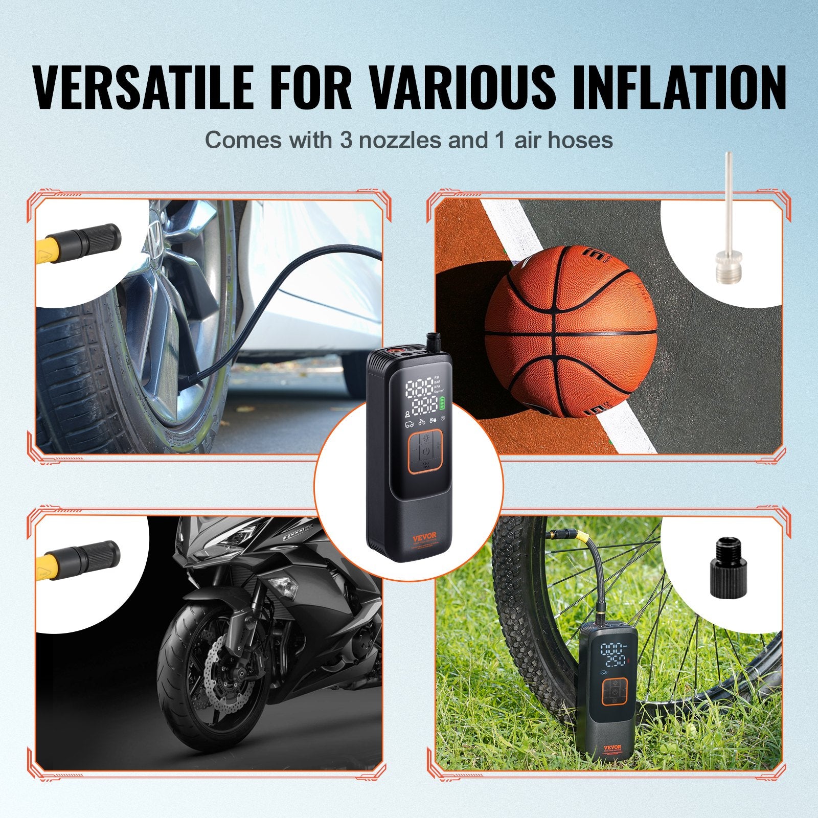 Automotive Gauges: VEVOR Tire Inflator Portable Air Compressor, 150 PSI Electric Air Pump, 4000mAh Rechargeable Tire Pump with Auto-Off Function, LCD Pressure Gauge, 3 Nozzles, LED Light for Car Motorcycle Bike Ball