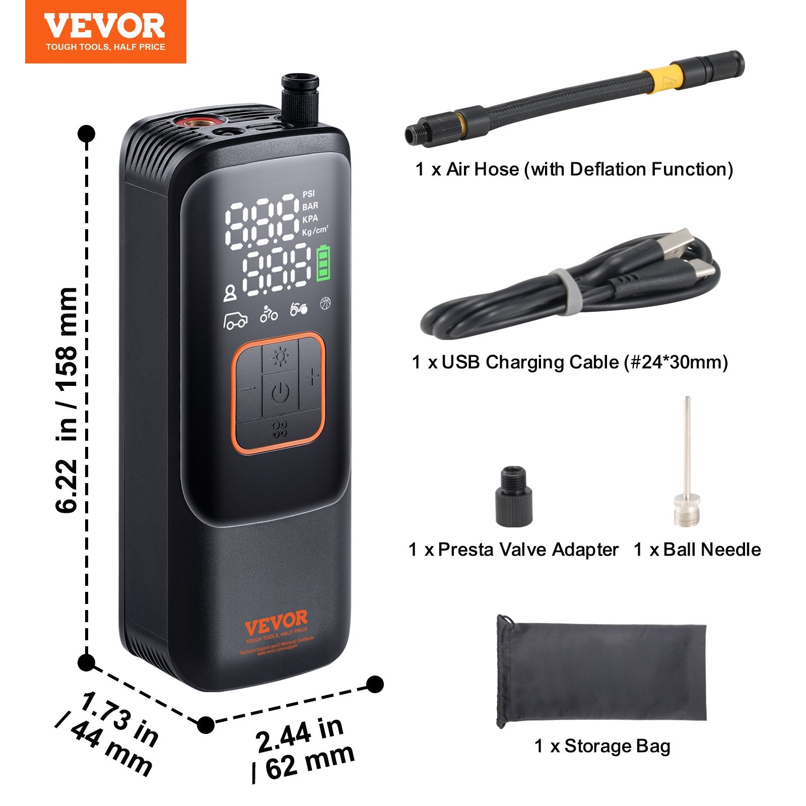Automotive Gauges: VEVOR Tire Inflator Portable Air Compressor, 150 PSI Electric Air Pump, 4000mAh Rechargeable Tire Pump with Auto-Off Function, LCD Pressure Gauge, 3 Nozzles, LED Light for Car Motorcycle Bike Ball
