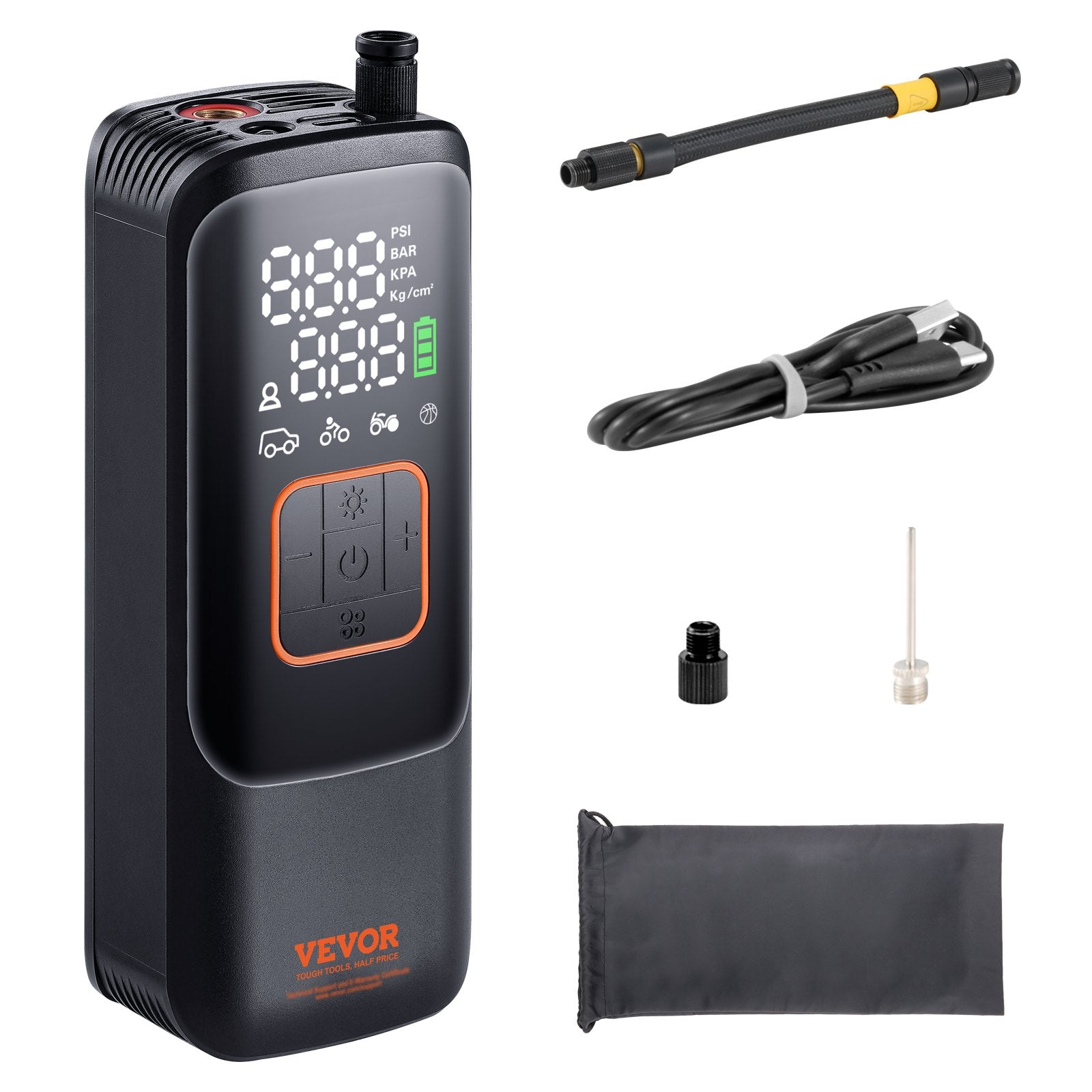 Automotive Gauges: VEVOR Tire Inflator Portable Air Compressor, 150 PSI Electric Air Pump, 4000mAh Rechargeable Tire Pump with Auto-Off Function, LCD Pressure Gauge, 3 Nozzles, LED Light for Car Motorcycle Bike Ball