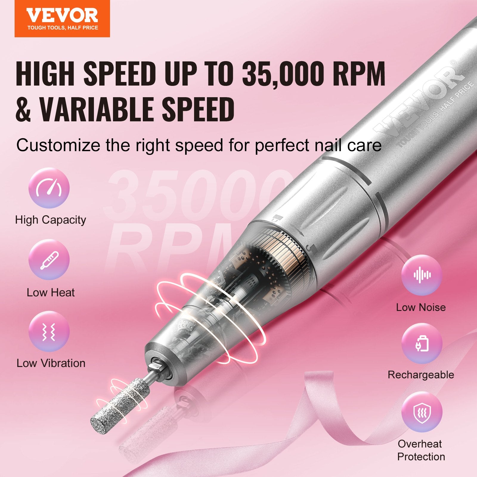Nail Care: VEVOR Electric Rechargeable Nail Drill, 35,000RPM Portable Cordless Nail E File Machine, LCD-Display Acrylic Gel Grinder Tool with 6 Bits and 50PCS Sanding Bands for Manicure Pedicure Carve Polish