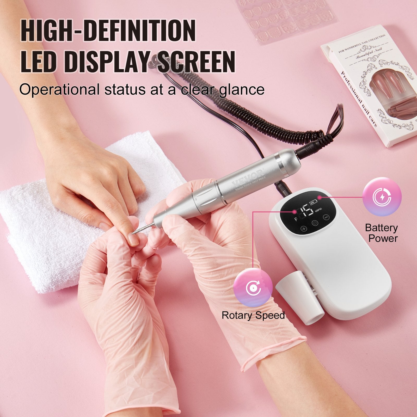 Nail Care: VEVOR Electric Rechargeable Nail Drill, 35,000RPM Portable Cordless Nail E File Machine, LCD-Display Acrylic Gel Grinder Tool with 6 Bits and 50PCS Sanding Bands for Manicure Pedicure Carve Polish