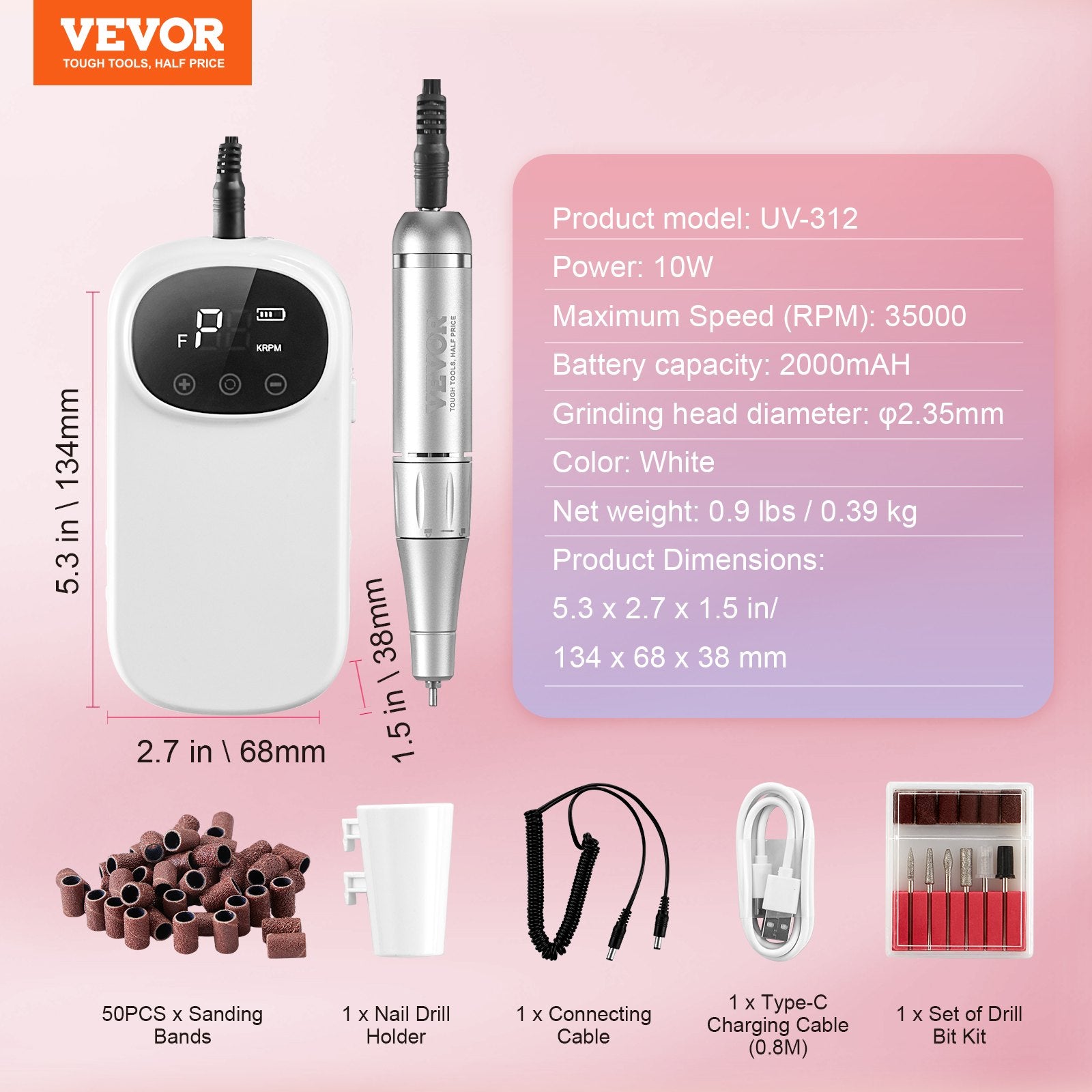 Nail Care: VEVOR Electric Rechargeable Nail Drill, 35,000RPM Portable Cordless Nail E File Machine, LCD-Display Acrylic Gel Grinder Tool with 6 Bits and 50PCS Sanding Bands for Manicure Pedicure Carve Polish