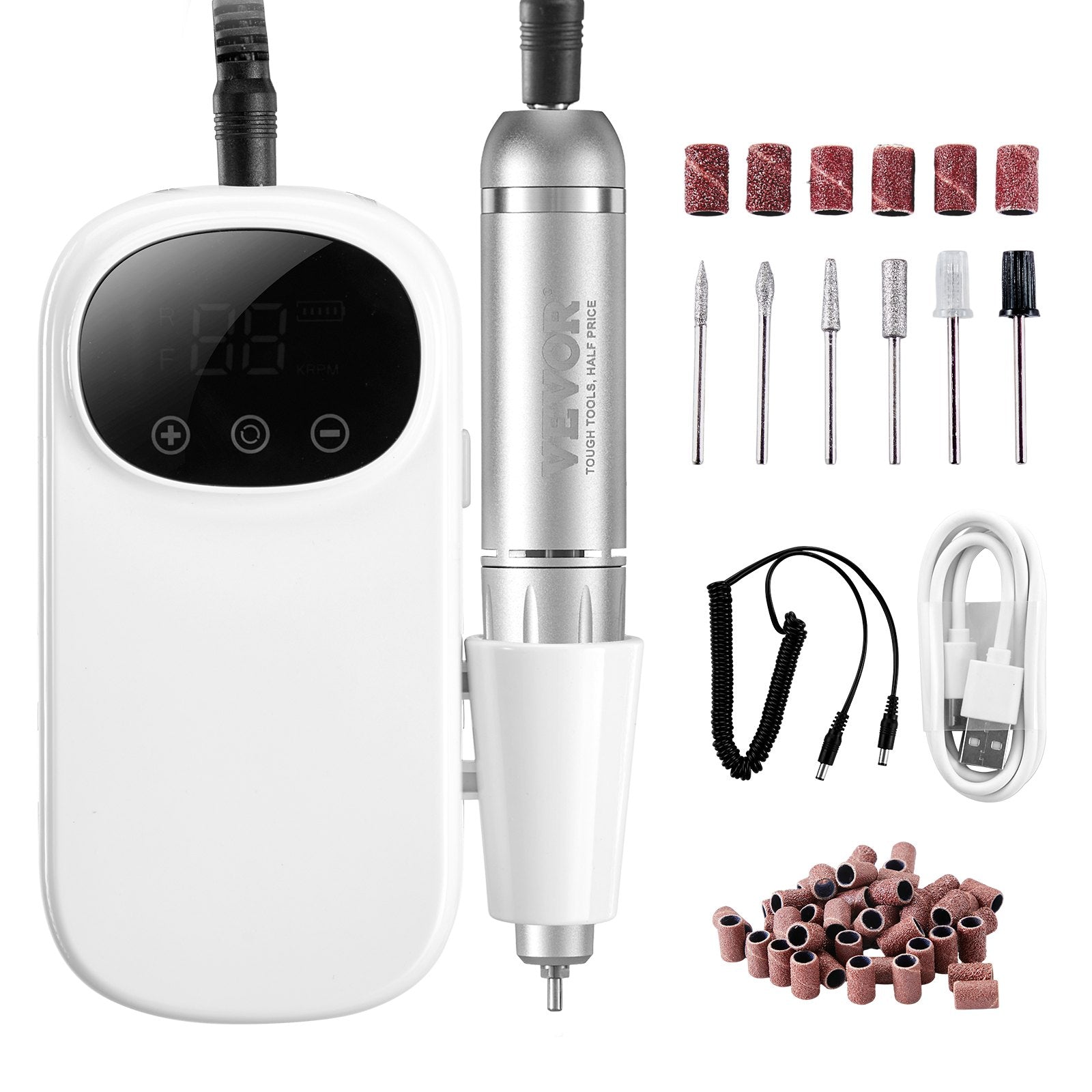 Nail Care: VEVOR Electric Rechargeable Nail Drill, 35,000RPM Portable Cordless Nail E File Machine, LCD-Display Acrylic Gel Grinder Tool with 6 Bits and 50PCS Sanding Bands for Manicure Pedicure Carve Polish