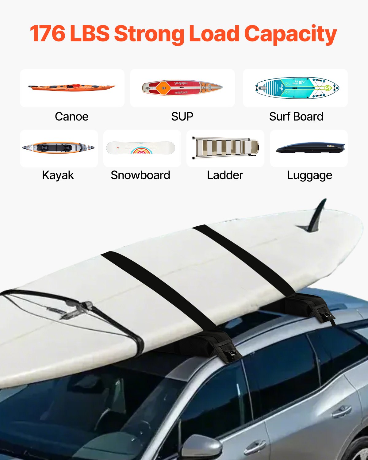 Boating Accessories: VEVOR Soft Roof Rack Pads 33in 176lbs Load Capacity for Kayak Canoe Surfboard Luggage