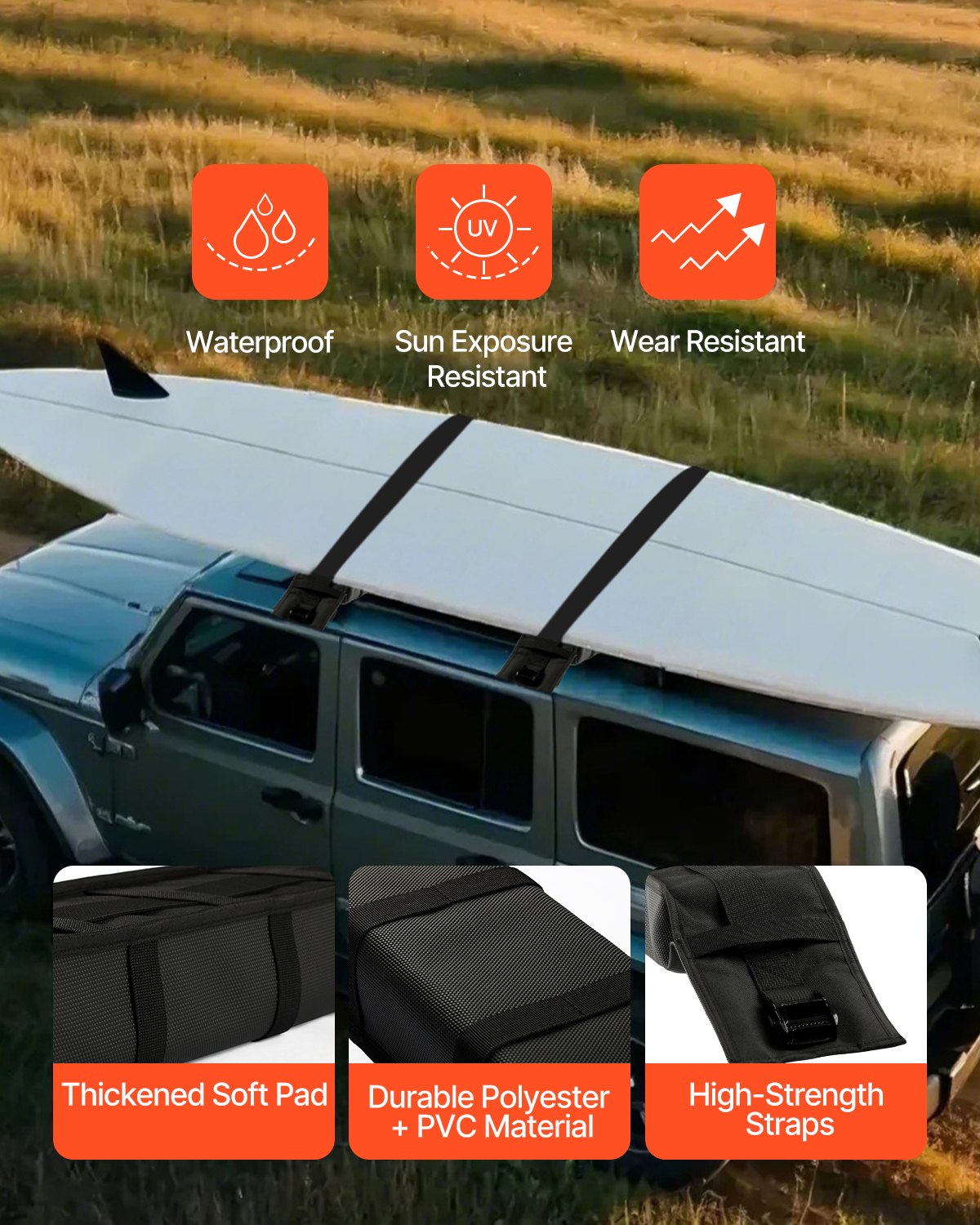 Boating Accessories: VEVOR Soft Roof Rack Pads 33in 176lbs Load Capacity for Kayak Canoe Surfboard Luggage