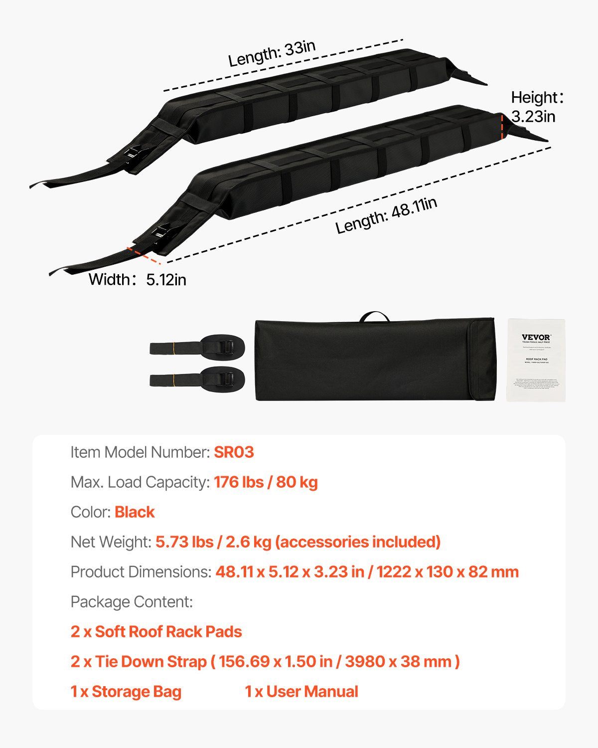 Boating Accessories: VEVOR Soft Roof Rack Pads 33in 176lbs Load Capacity for Kayak Canoe Surfboard Luggage