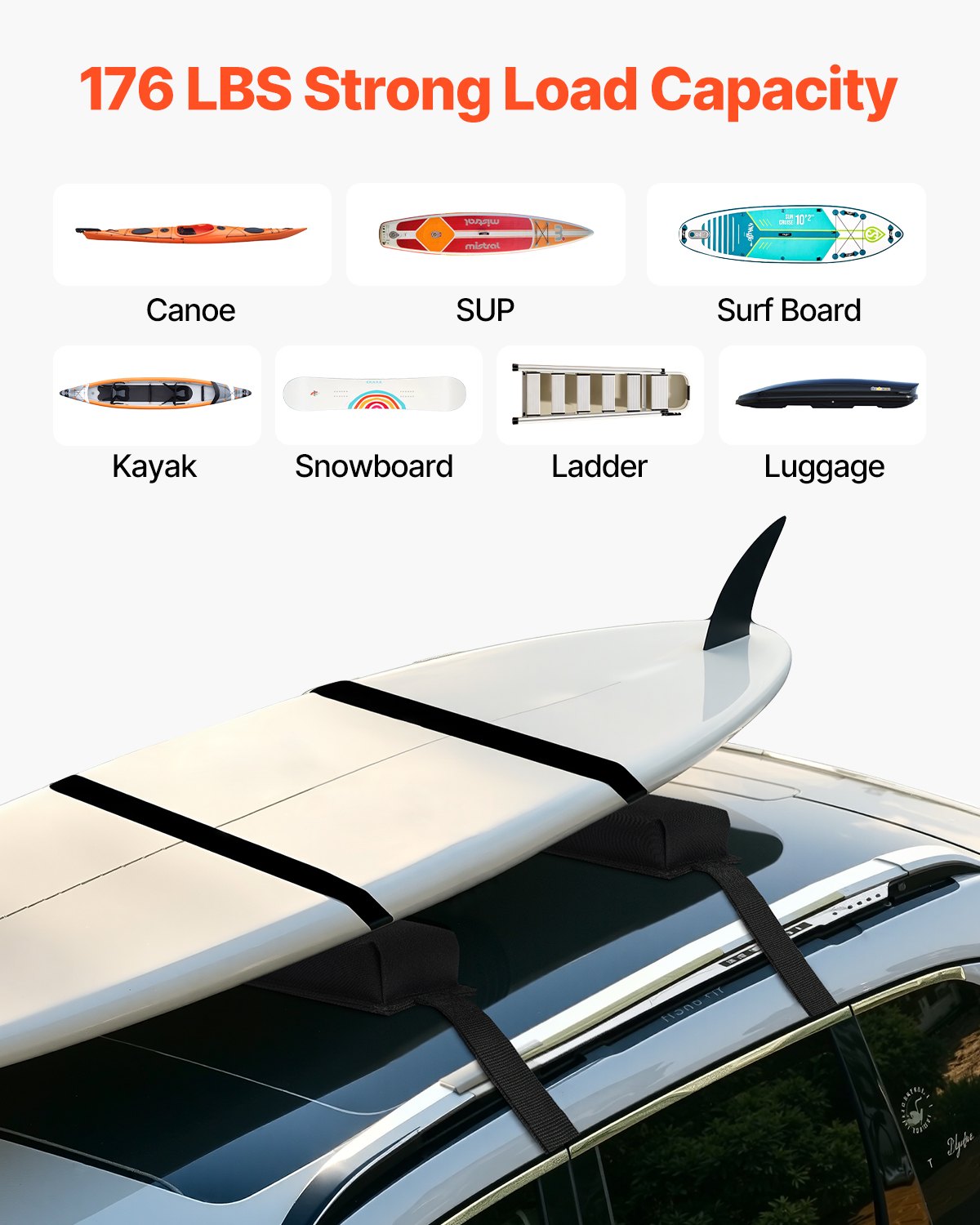 Boating Accessories: VEVOR Soft Roof Rack Pads 15.5in 176lbs Load Capacity for Kayak Canoe Surfboard