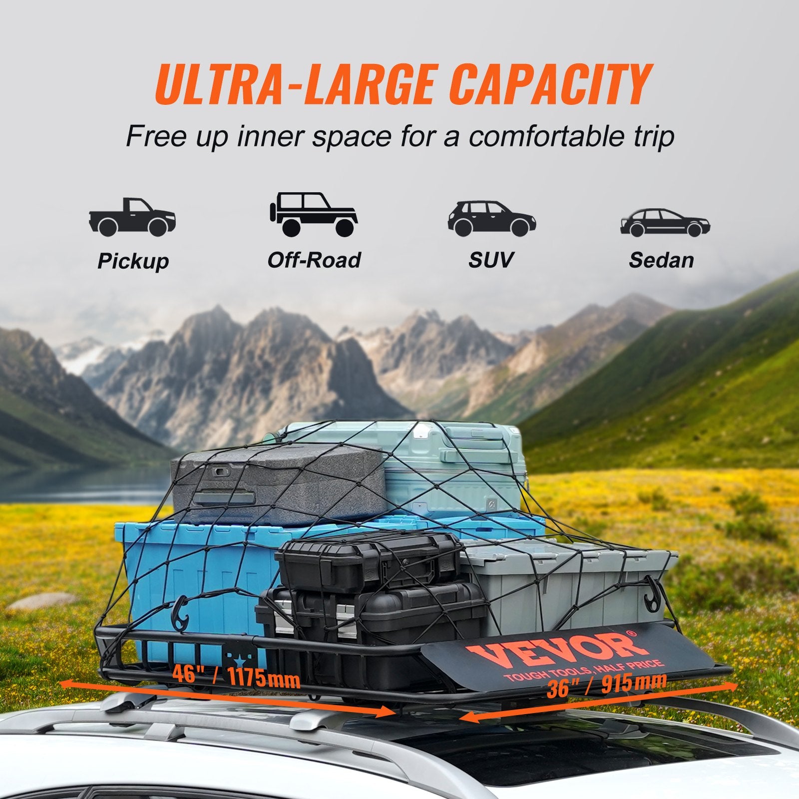 Clothing & Wardrobe Storage: VEVOR Roof Rack Cargo Basket 200 LBS Capacity 46"x36"x4.5" for SUV Truck Cars